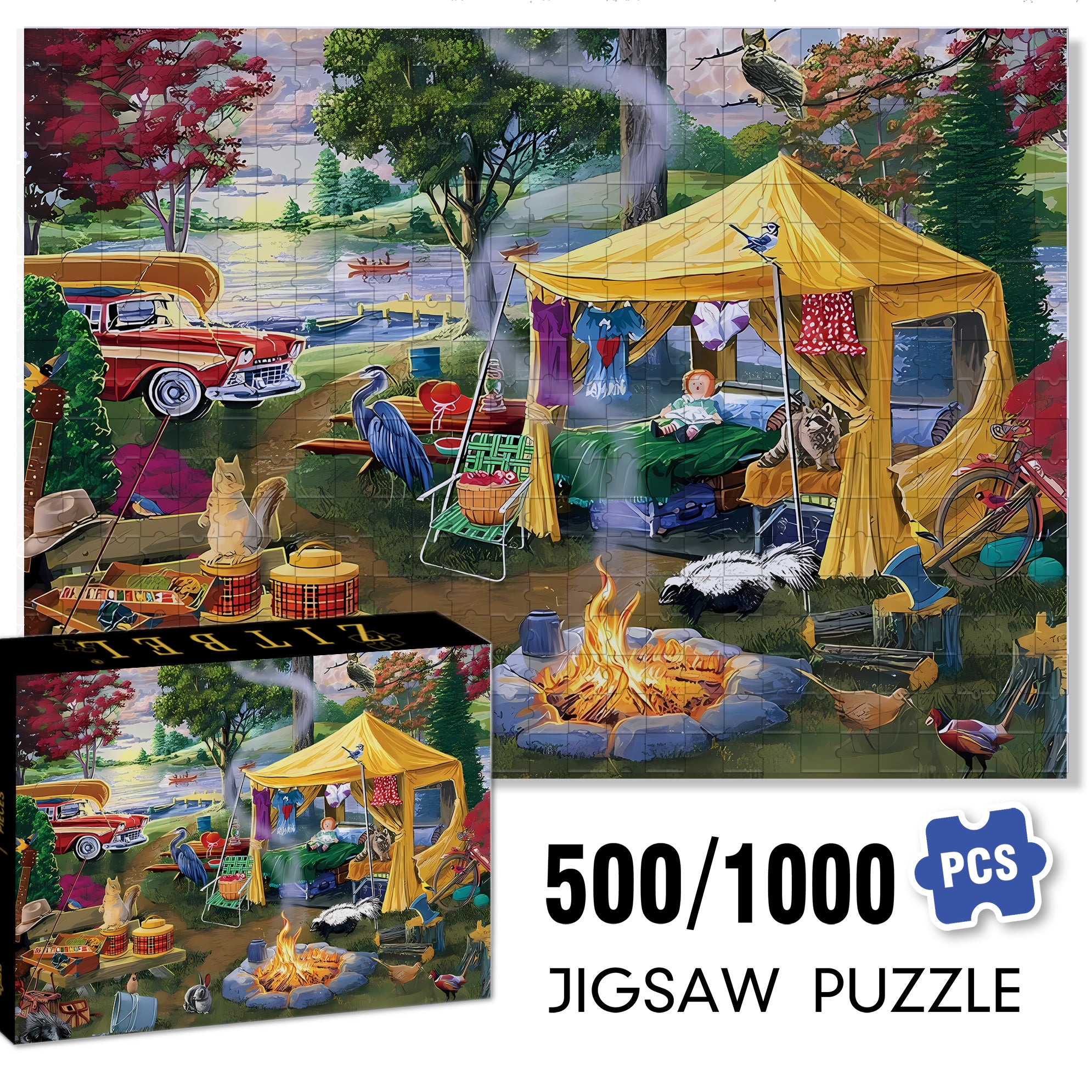 Camping 500pcs/1000pcs Jigsaw Puzzle, Scratch-Resistant, Paper Material, Interactive Family Game & Brain-Boosting DIY Decor, Perfect for Halloween, Christmas & New Year Gifts, Family Puzzle Game