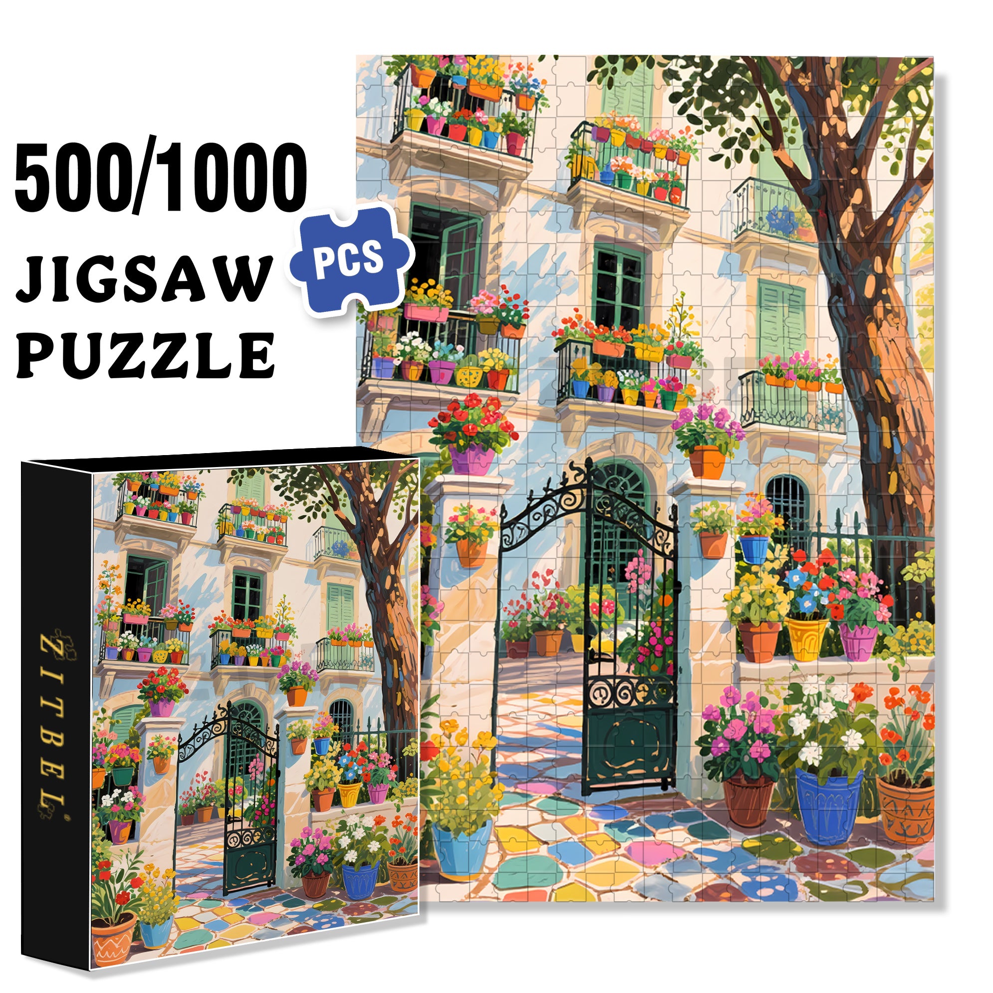 Colorful Courtyard 500pcs/1000pcs Jigsaw Puzzle, Scratch-Resistant, Paper Material, Interactive Family Game & Brain-Boosting DIY Decor, Perfect for Halloween, Christmas & New Year Gifts, Family Puzzle Game