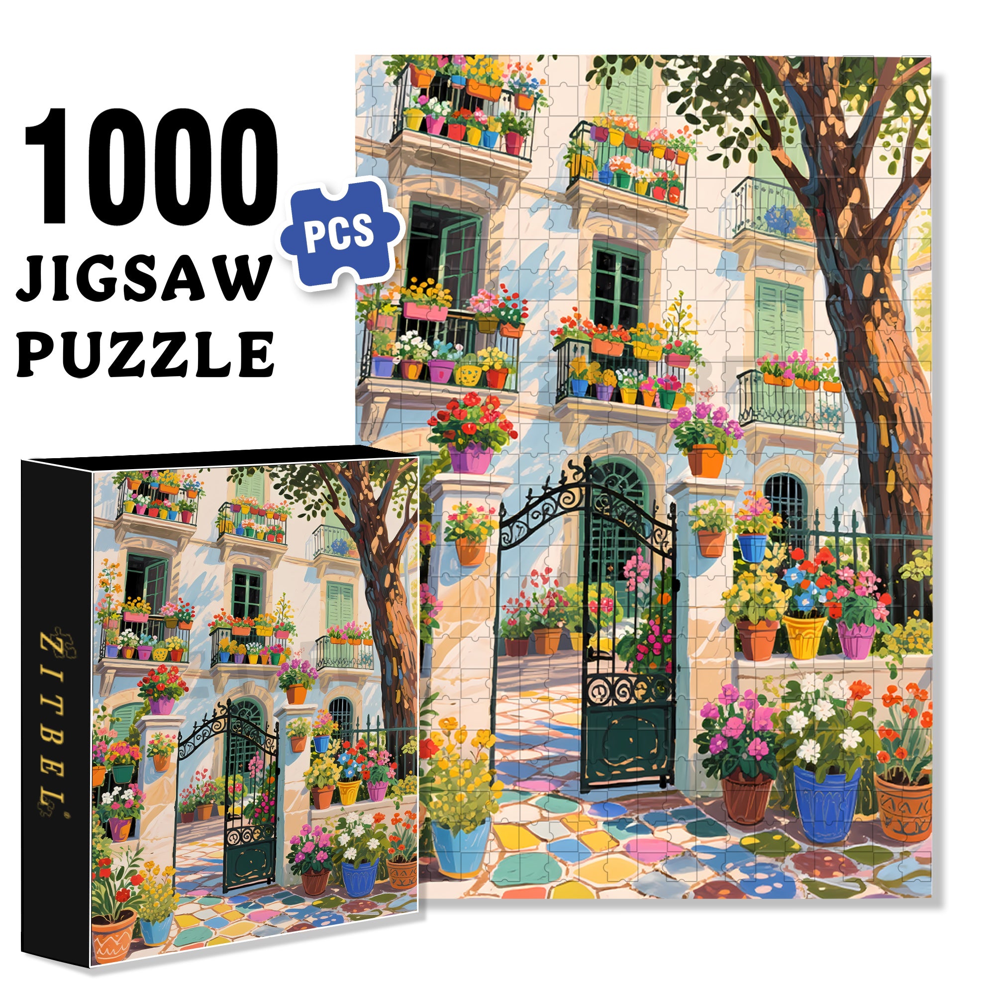 Colorful Courtyard 500pcs/1000pcs Jigsaw Puzzle, Scratch-Resistant, Paper Material, Interactive Family Game & Brain-Boosting DIY Decor, Perfect for Halloween, Christmas & New Year Gifts, Family Puzzle Game