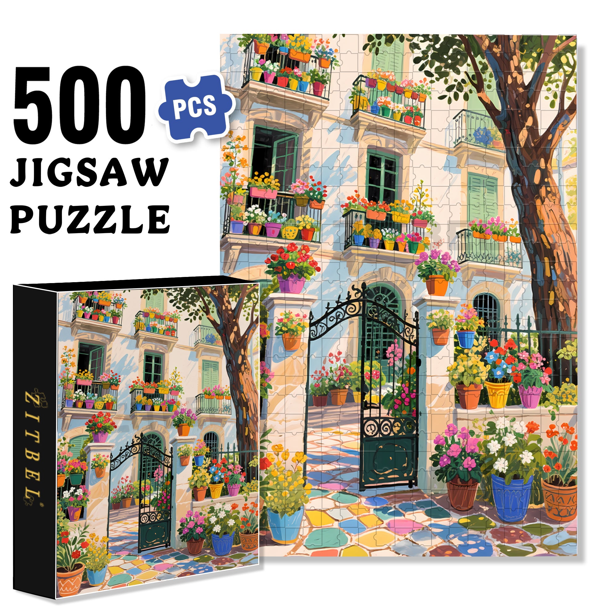 Colorful Courtyard 500pcs/1000pcs Jigsaw Puzzle, Scratch-Resistant, Paper Material, Interactive Family Game & Brain-Boosting DIY Decor, Perfect for Halloween, Christmas & New Year Gifts, Family Puzzle Game