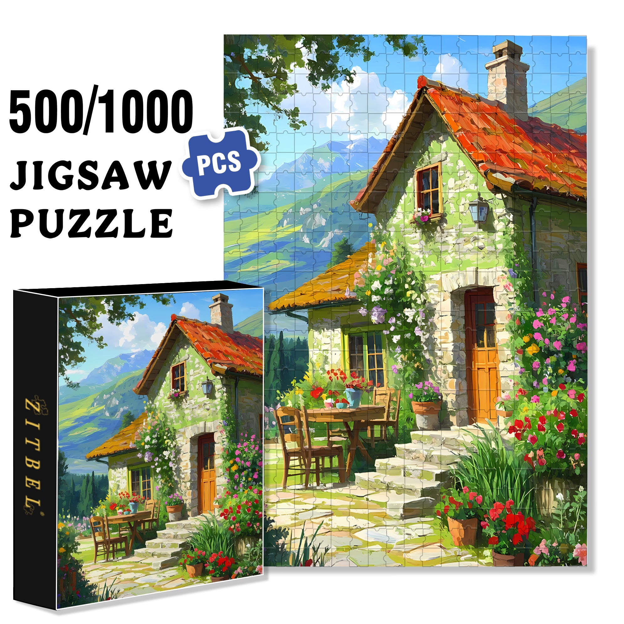 Country Cottage 500pcs/1000pcs Jigsaw Puzzle, Scratch-Resistant, Paper Material, Interactive Family Game & Brain-Boosting DIY Decor, Perfect for Halloween, Christmas & New Year Gifts, Family Puzzle Game