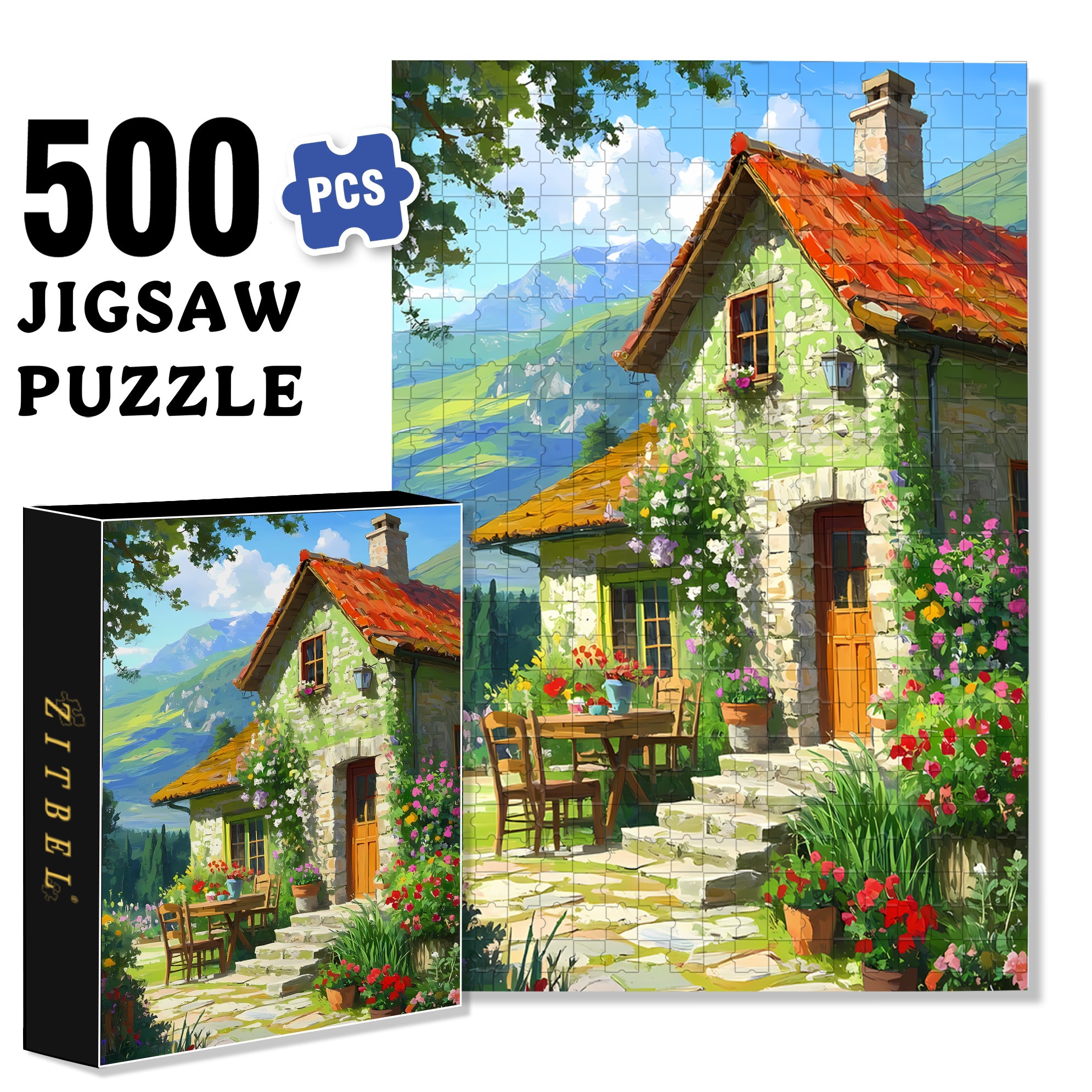 Country Cottage 500pcs/1000pcs Jigsaw Puzzle, Scratch-Resistant, Paper Material, Interactive Family Game & Brain-Boosting DIY Decor, Perfect for Halloween, Christmas & New Year Gifts, Family Puzzle Game