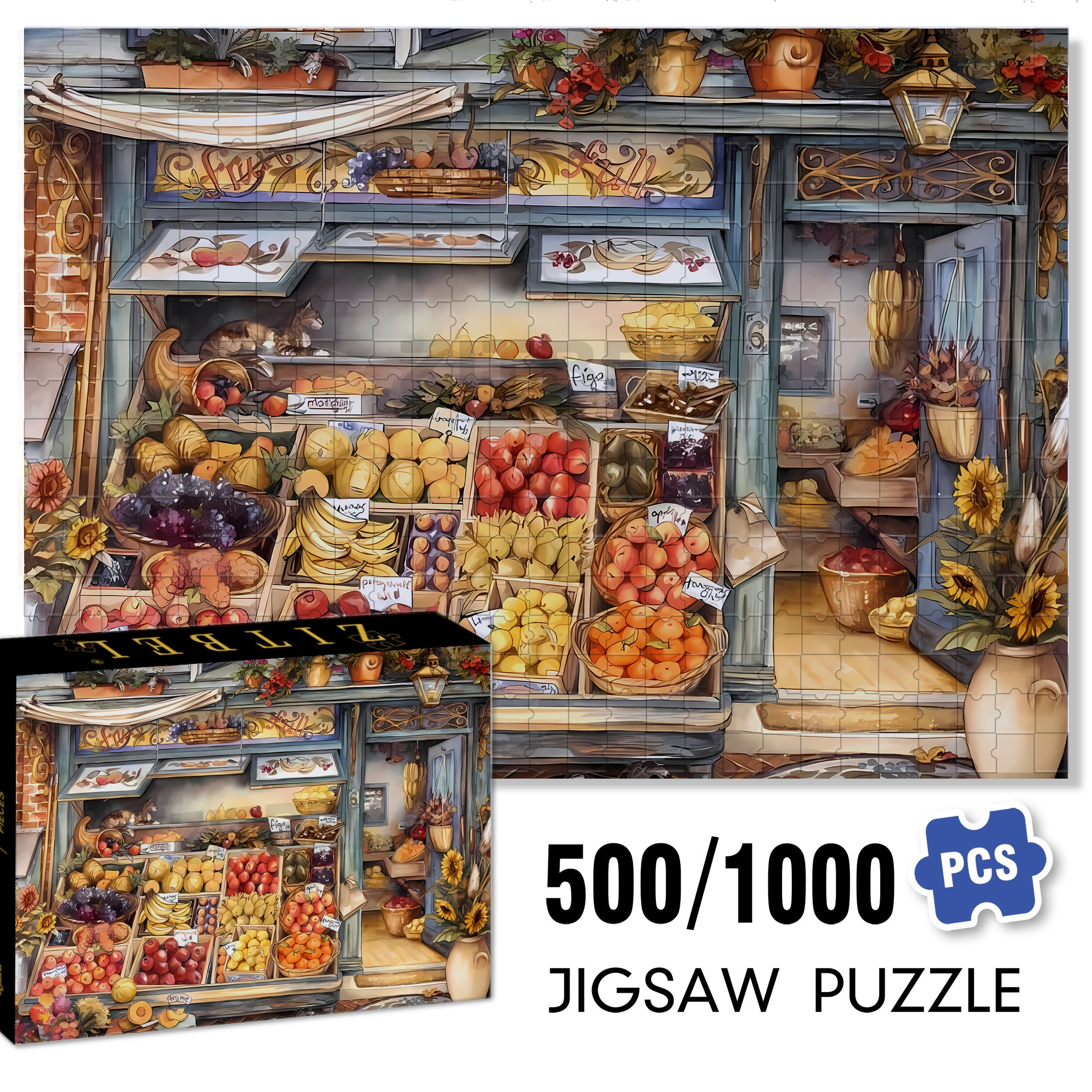 Green Grocery 500pcs/1000pcs Jigsaw Puzzle, Scratch-Resistant, Paper Material, Interactive Family Game & Brain-Boosting DIY Decor, Perfect for Halloween, Christmas & New Year Gifts, Family Puzzle Game