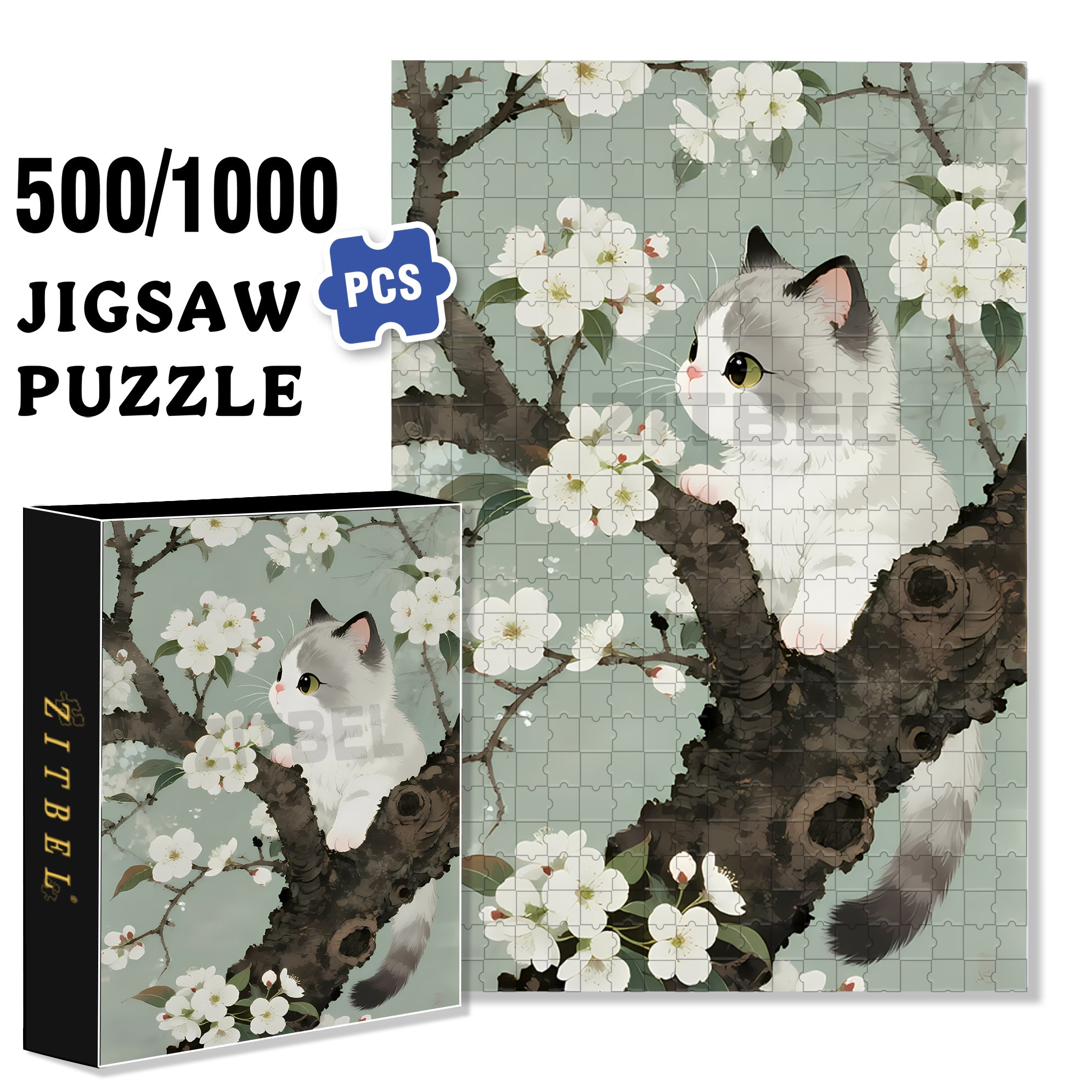 Pear Blossom & Cat 500pcs/1000pcs Jigsaw Puzzle, Scratch-Resistant, Paper Material, Interactive Family Game & Brain-Boosting DIY Decor, Perfect for Halloween, Christmas & New Year Gifts, Family Puzzle Game
