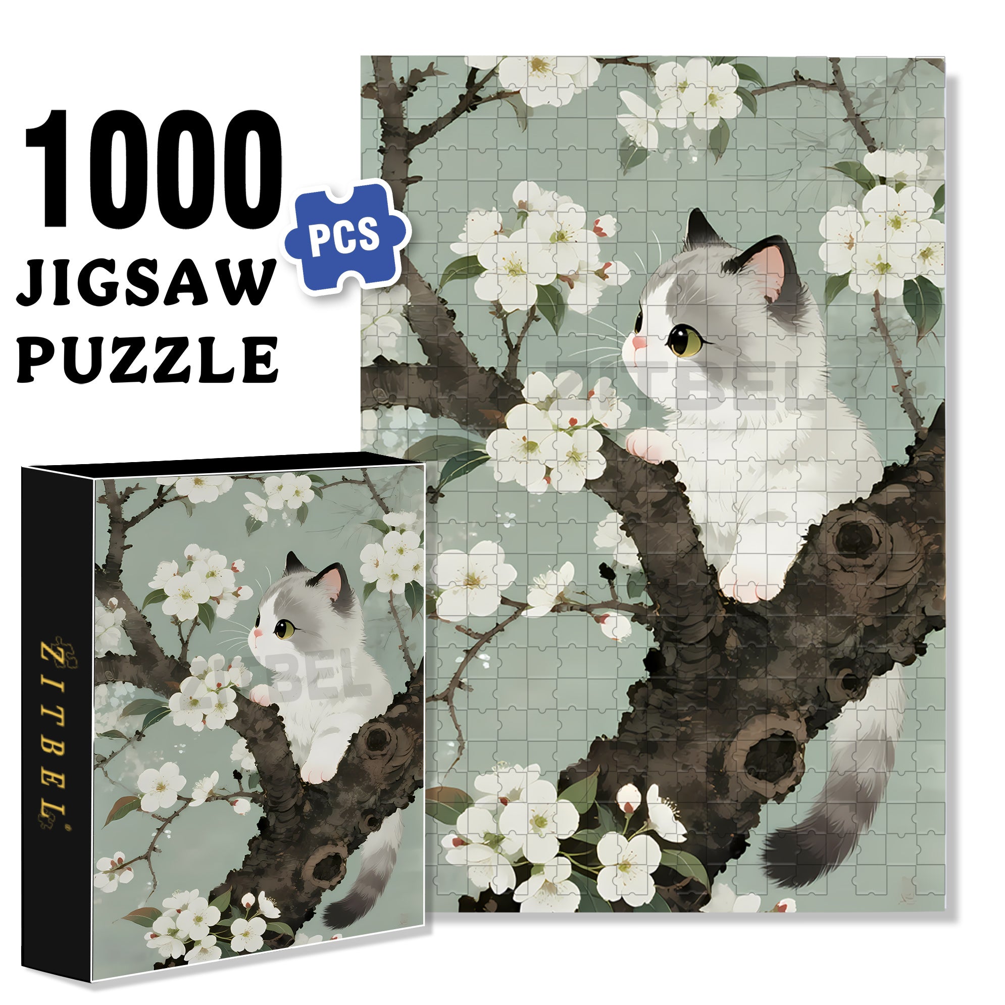 Pear Blossom & Cat 500pcs/1000pcs Jigsaw Puzzle, Scratch-Resistant, Paper Material, Interactive Family Game & Brain-Boosting DIY Decor, Perfect for Halloween, Christmas & New Year Gifts, Family Puzzle Game