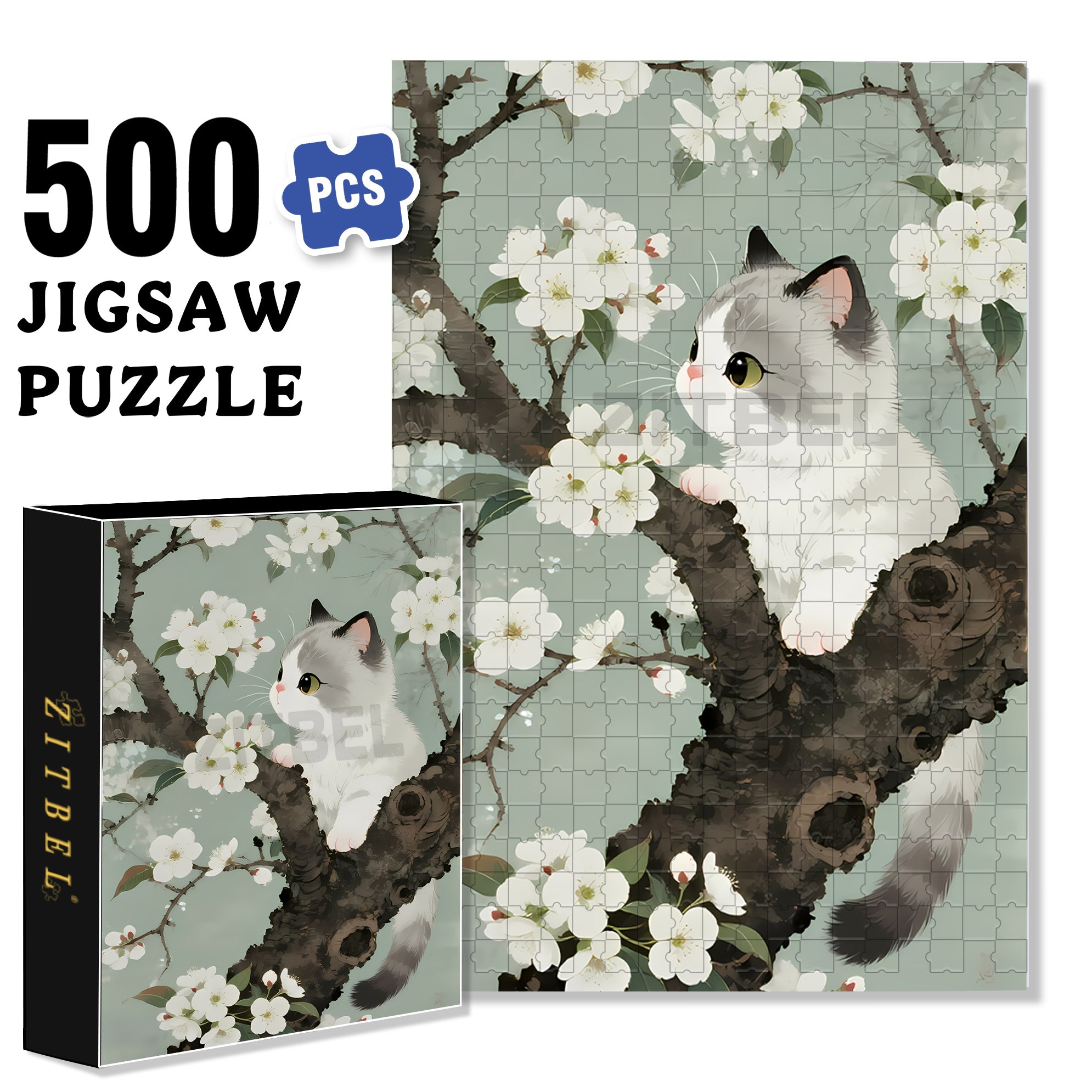Pear Blossom & Cat 500pcs/1000pcs Jigsaw Puzzle, Scratch-Resistant, Paper Material, Interactive Family Game & Brain-Boosting DIY Decor, Perfect for Halloween, Christmas & New Year Gifts, Family Puzzle Game