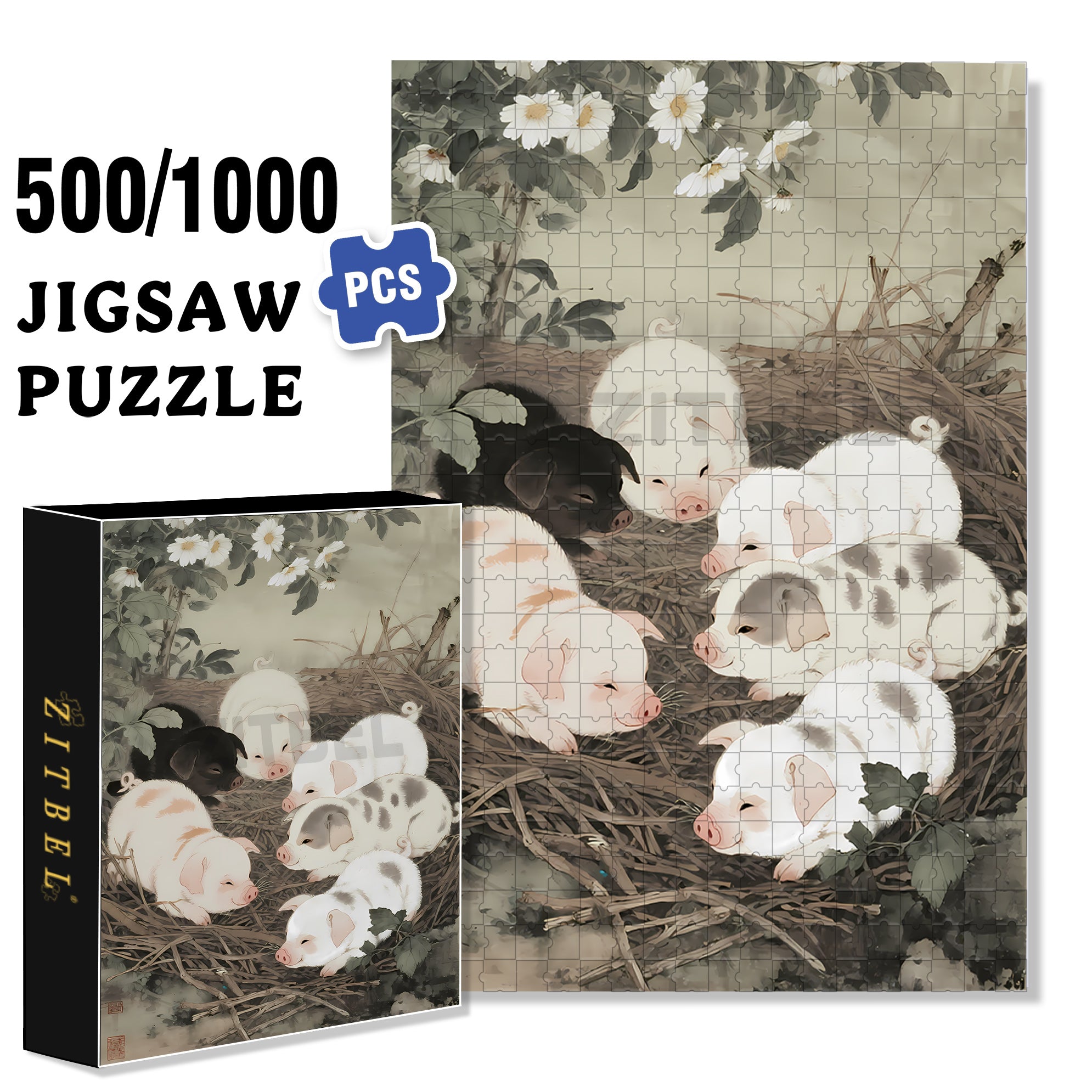 Pig 500pcs/1000pcs Jigsaw Puzzle, Scratch-Resistant, Paper Material, Interactive Family Game & Brain-Boosting DIY Decor, Perfect for Halloween, Christmas & New Year Gifts, Family Puzzle Game