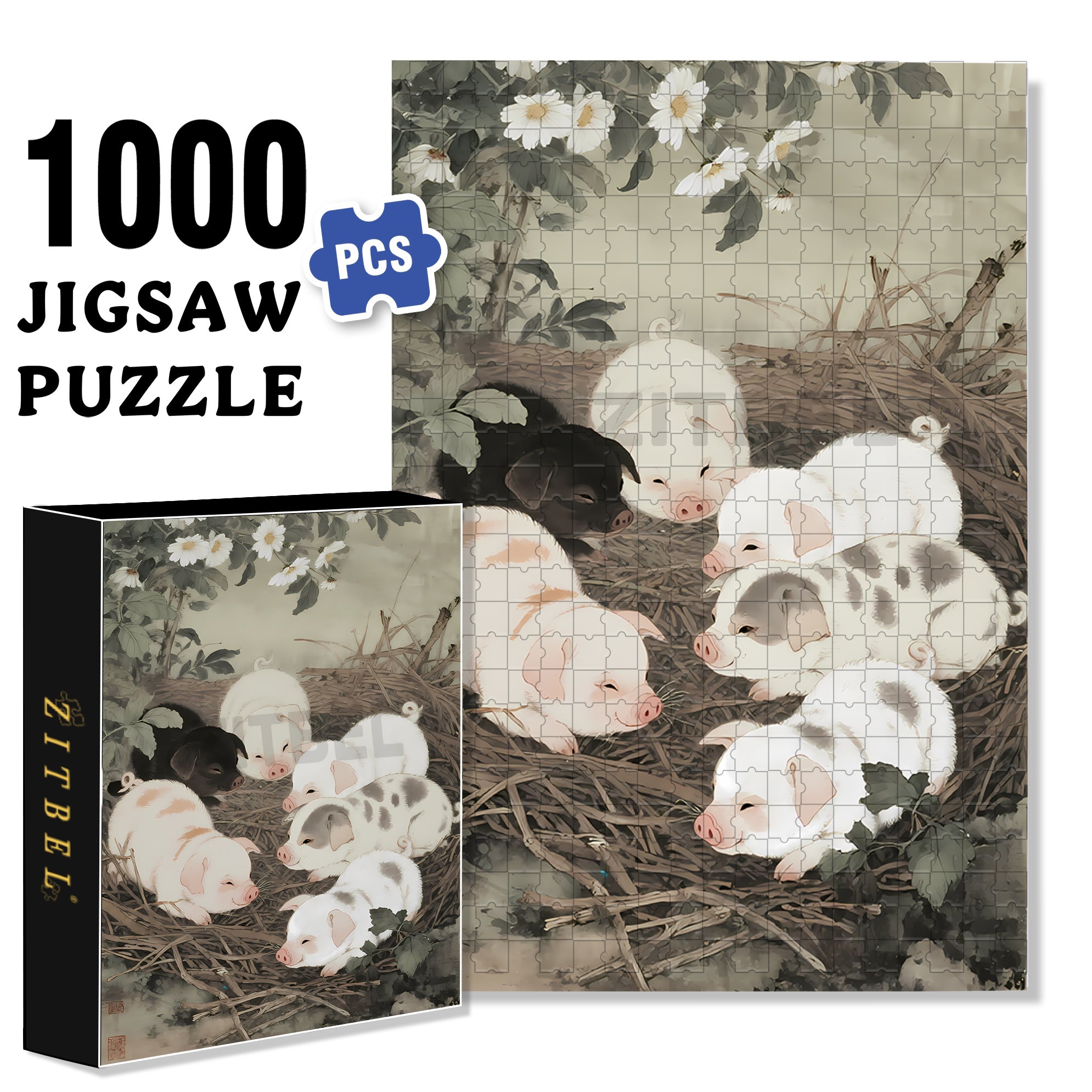 Pig 500pcs/1000pcs Jigsaw Puzzle, Scratch-Resistant, Paper Material, Interactive Family Game & Brain-Boosting DIY Decor, Perfect for Halloween, Christmas & New Year Gifts, Family Puzzle Game