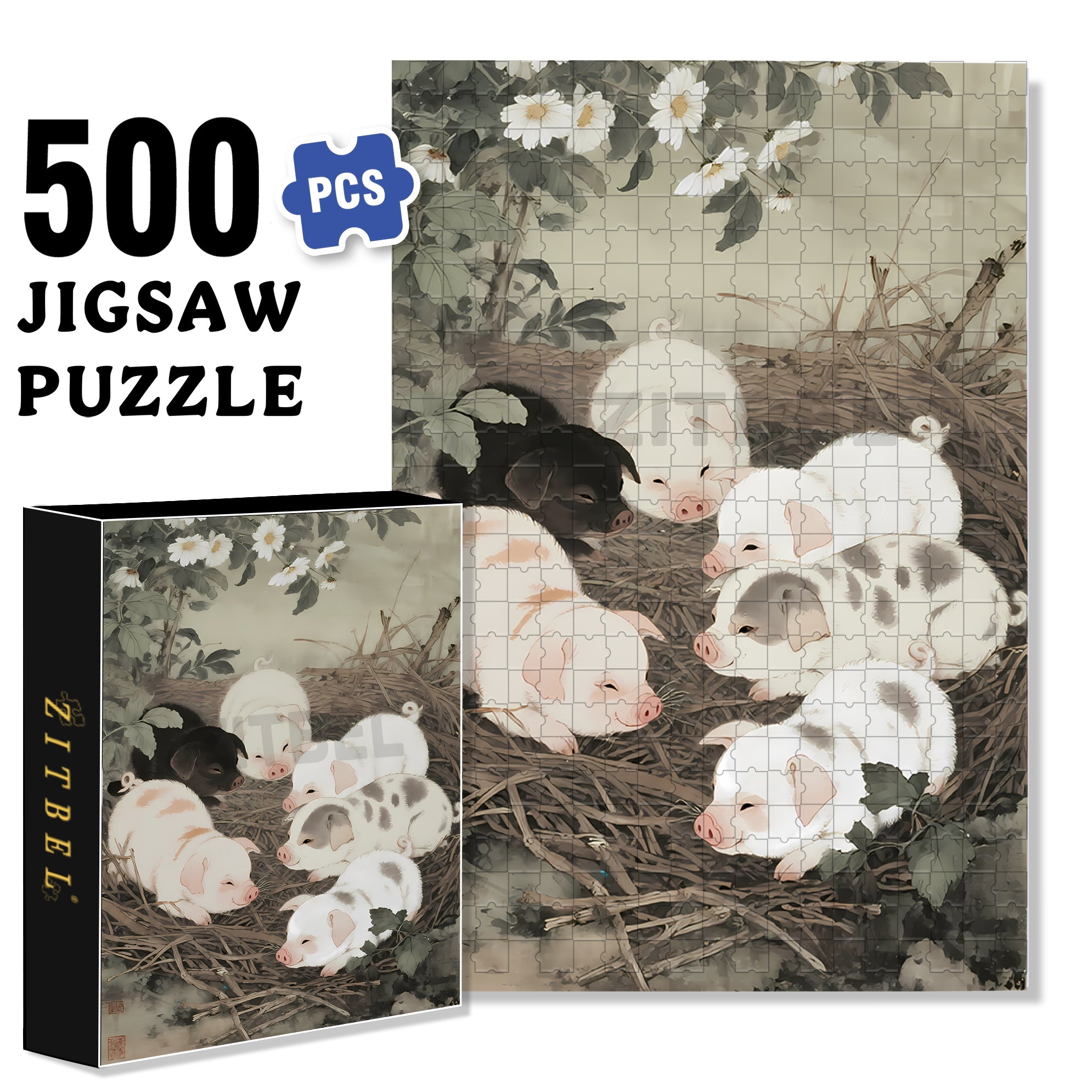Pig 500pcs/1000pcs Jigsaw Puzzle, Scratch-Resistant, Paper Material, Interactive Family Game & Brain-Boosting DIY Decor, Perfect for Halloween, Christmas & New Year Gifts, Family Puzzle Game