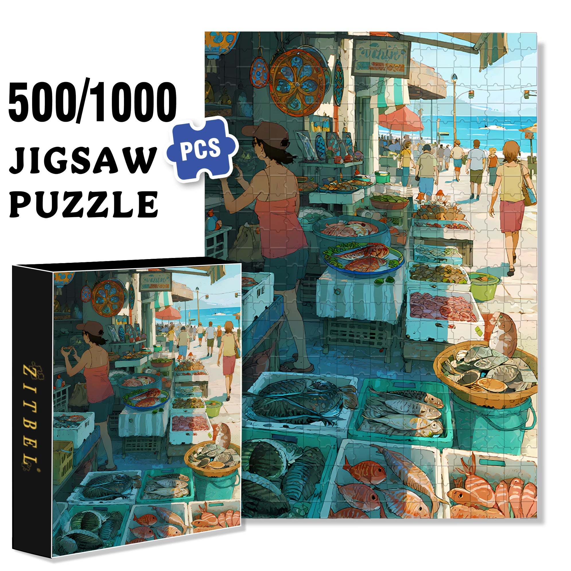 Seafood Market 500pcs/1000pcs Jigsaw Puzzle, Scratch-Resistant, Paper Material, Interactive Family Game & Brain-Boosting DIY Decor, Perfect for Halloween, Christmas & New Year Gifts, Family Puzzle Game