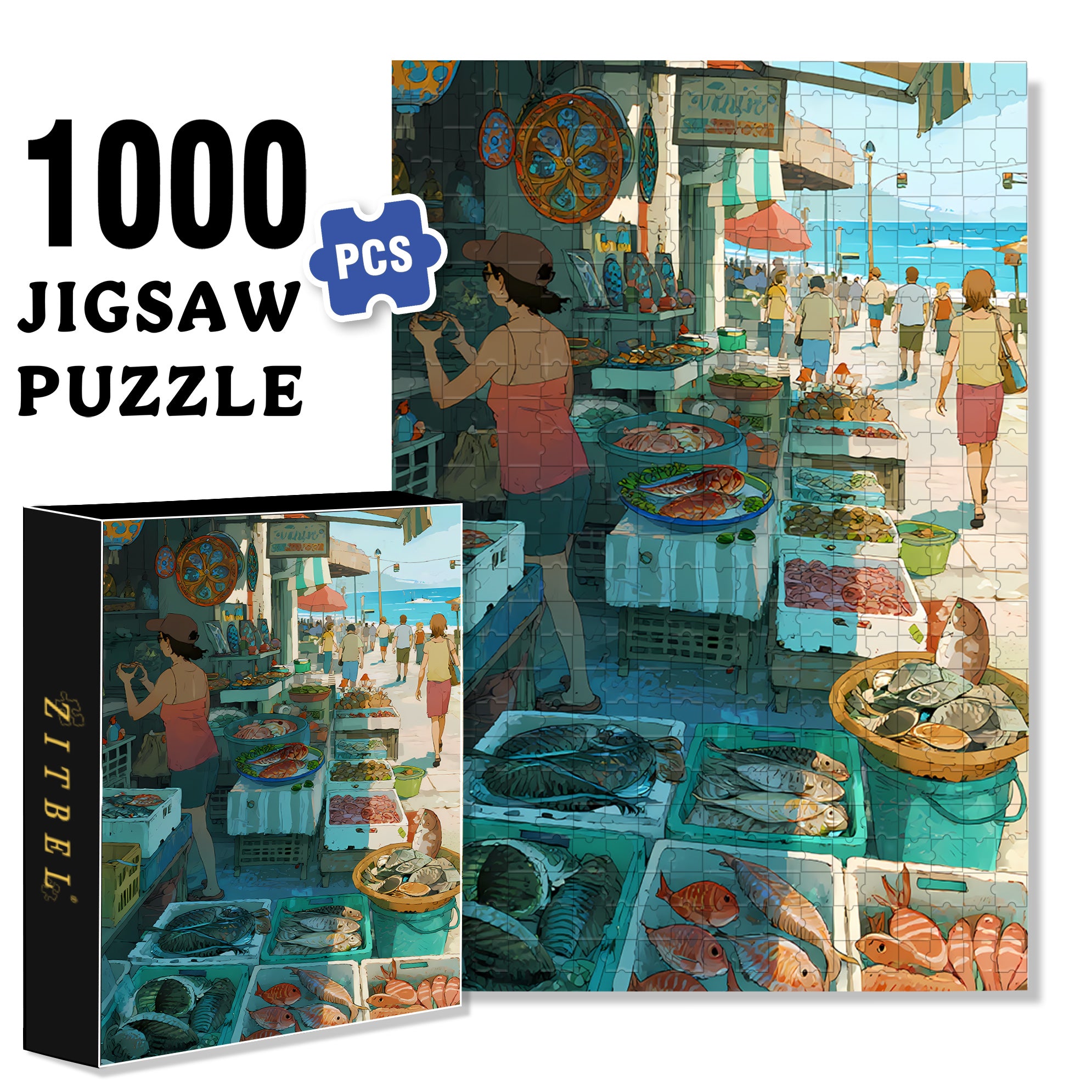 Seafood Market 500pcs/1000pcs Jigsaw Puzzle, Scratch-Resistant, Paper Material, Interactive Family Game & Brain-Boosting DIY Decor, Perfect for Halloween, Christmas & New Year Gifts, Family Puzzle Game