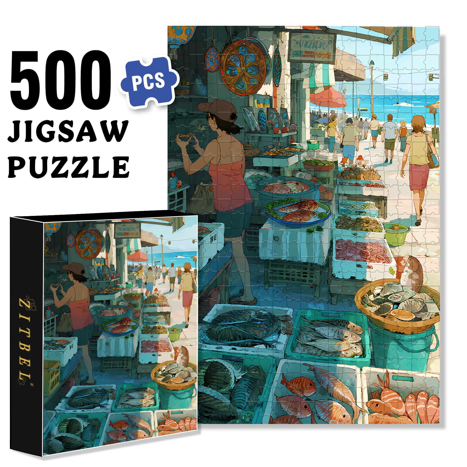 Seafood Market 500pcs/1000pcs Jigsaw Puzzle, Scratch-Resistant, Paper Material, Interactive Family Game & Brain-Boosting DIY Decor, Perfect for Halloween, Christmas & New Year Gifts, Family Puzzle Game