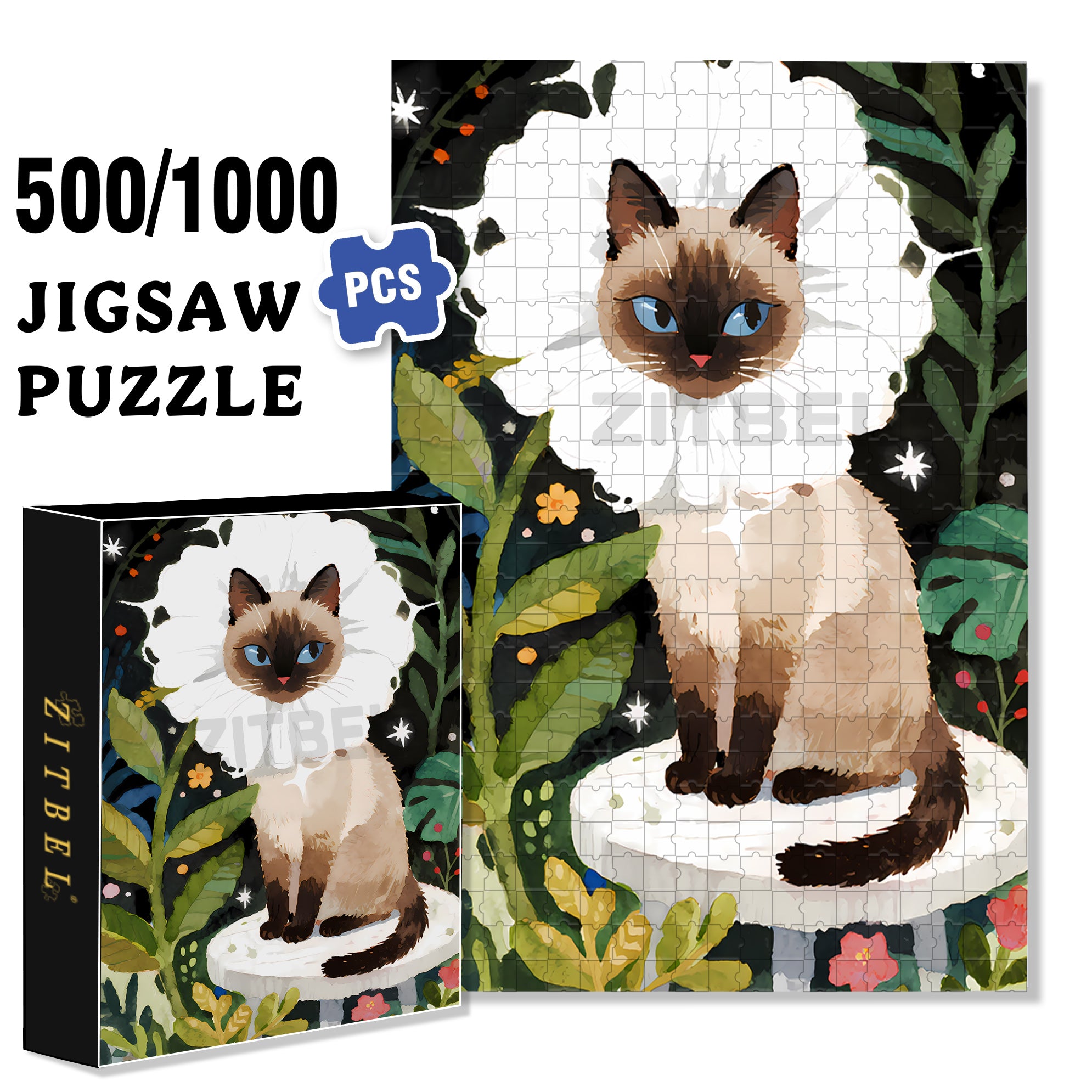 Siamese Cat 500pcs/1000pcs Jigsaw Puzzle, Scratch-Resistant, Paper Material, Interactive Family Game & Brain-Boosting DIY Decor, Perfect for Halloween, Christmas & New Year Gifts, Family Puzzle Game