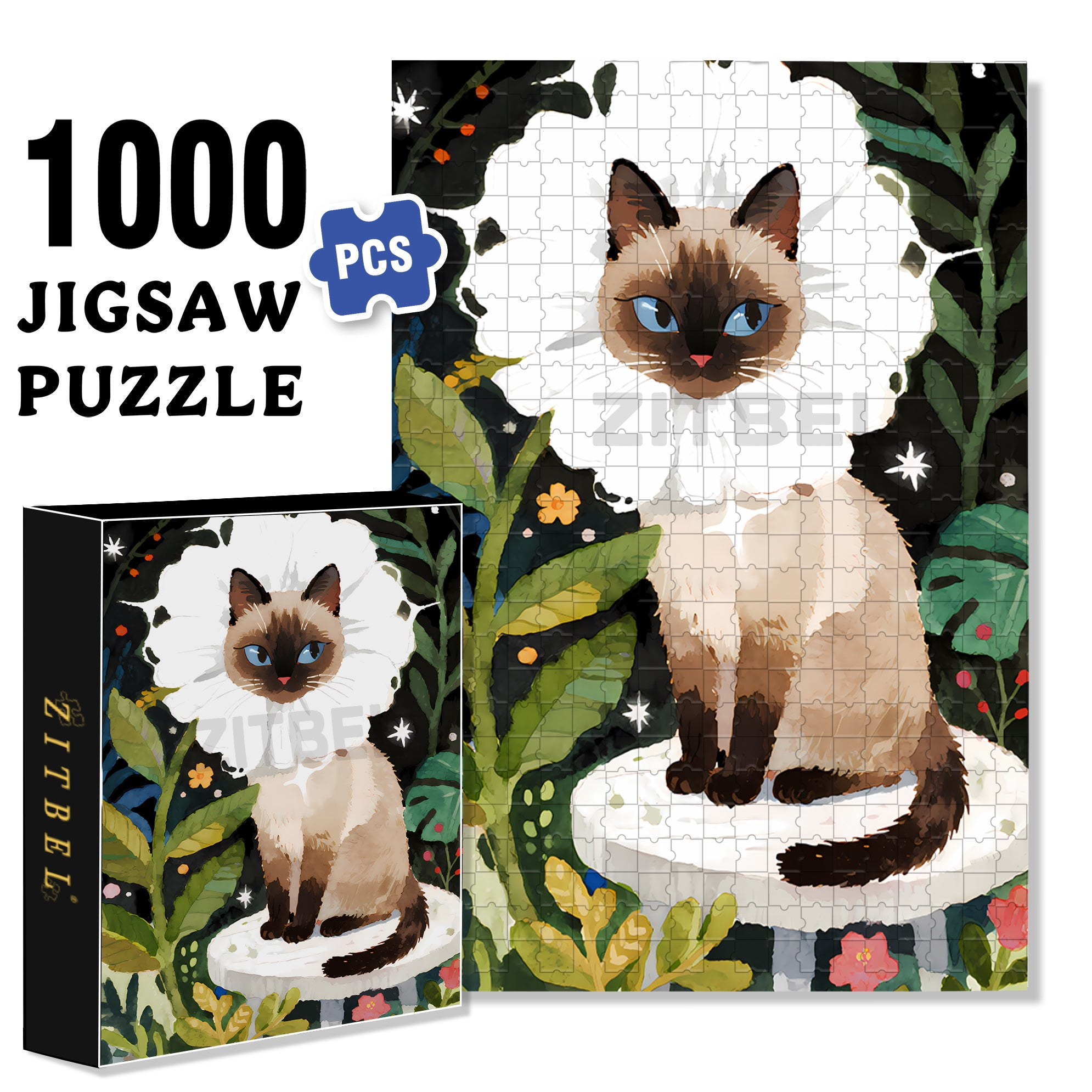 Siamese Cat 500pcs/1000pcs Jigsaw Puzzle, Scratch-Resistant, Paper Material, Interactive Family Game & Brain-Boosting DIY Decor, Perfect for Halloween, Christmas & New Year Gifts, Family Puzzle Game