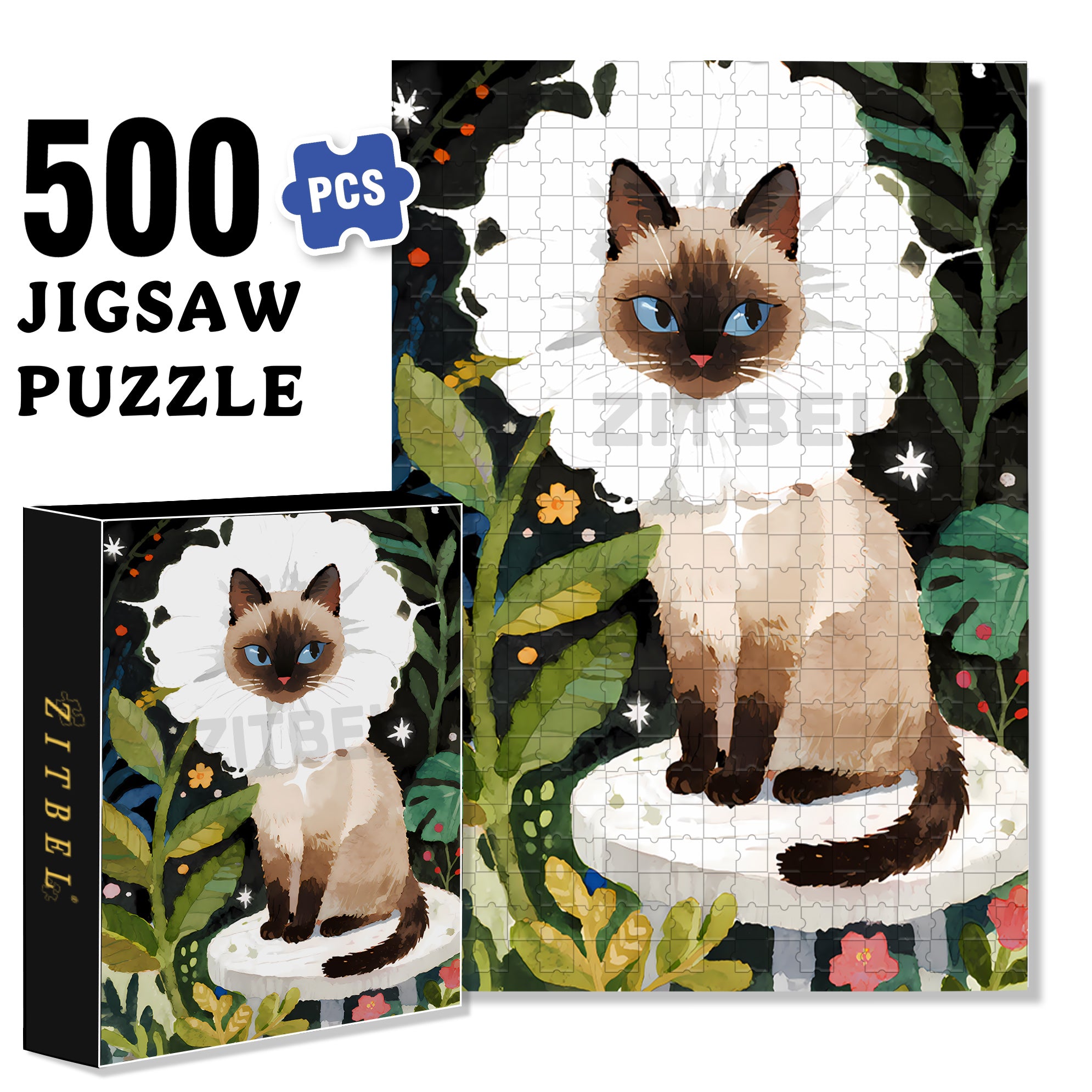 Siamese Cat 500pcs/1000pcs Jigsaw Puzzle, Scratch-Resistant, Paper Material, Interactive Family Game & Brain-Boosting DIY Decor, Perfect for Halloween, Christmas & New Year Gifts, Family Puzzle Game