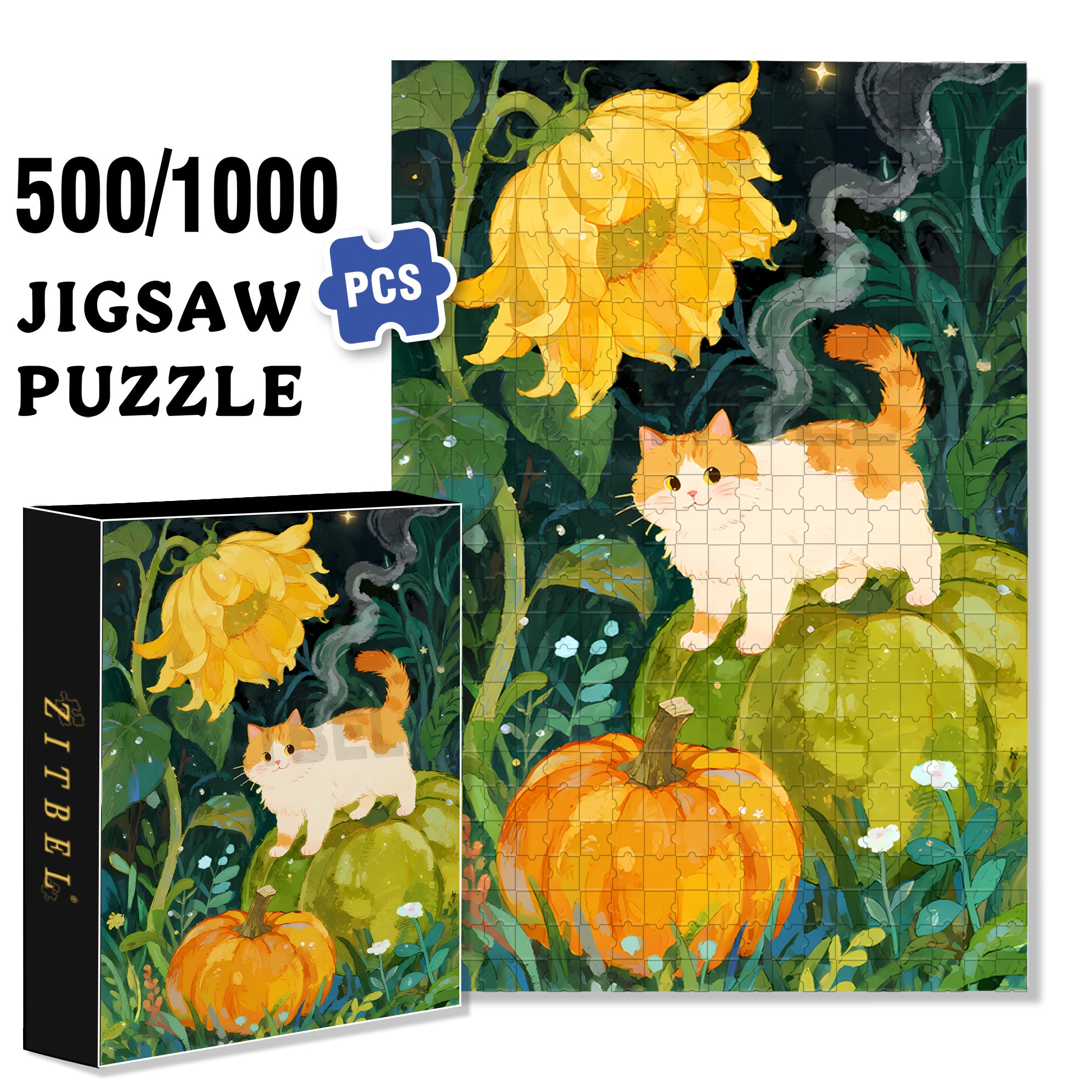 Sunflower & Cat 500pcs/1000pcs Jigsaw Puzzle, Scratch-Resistant, Paper Material, Interactive Family Game & Brain-Boosting DIY Decor, Perfect for Halloween, Christmas & New Year Gifts, Family Puzzle Game