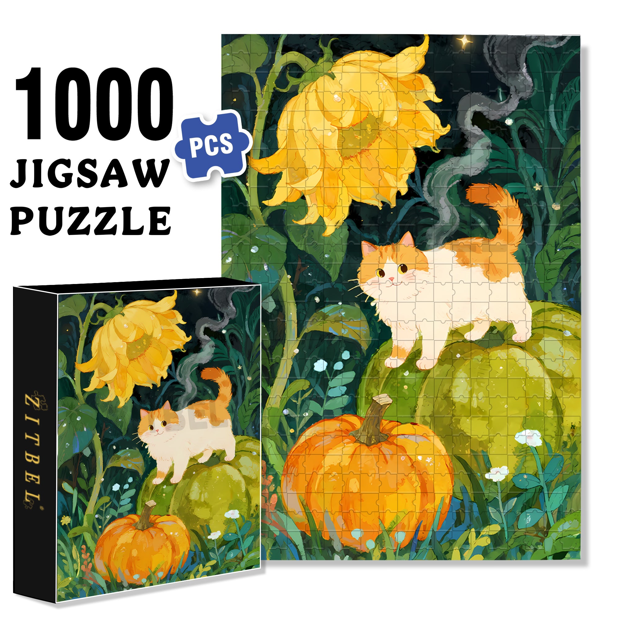 Sunflower & Cat 500pcs/1000pcs Jigsaw Puzzle, Scratch-Resistant, Paper Material, Interactive Family Game & Brain-Boosting DIY Decor, Perfect for Halloween, Christmas & New Year Gifts, Family Puzzle Game