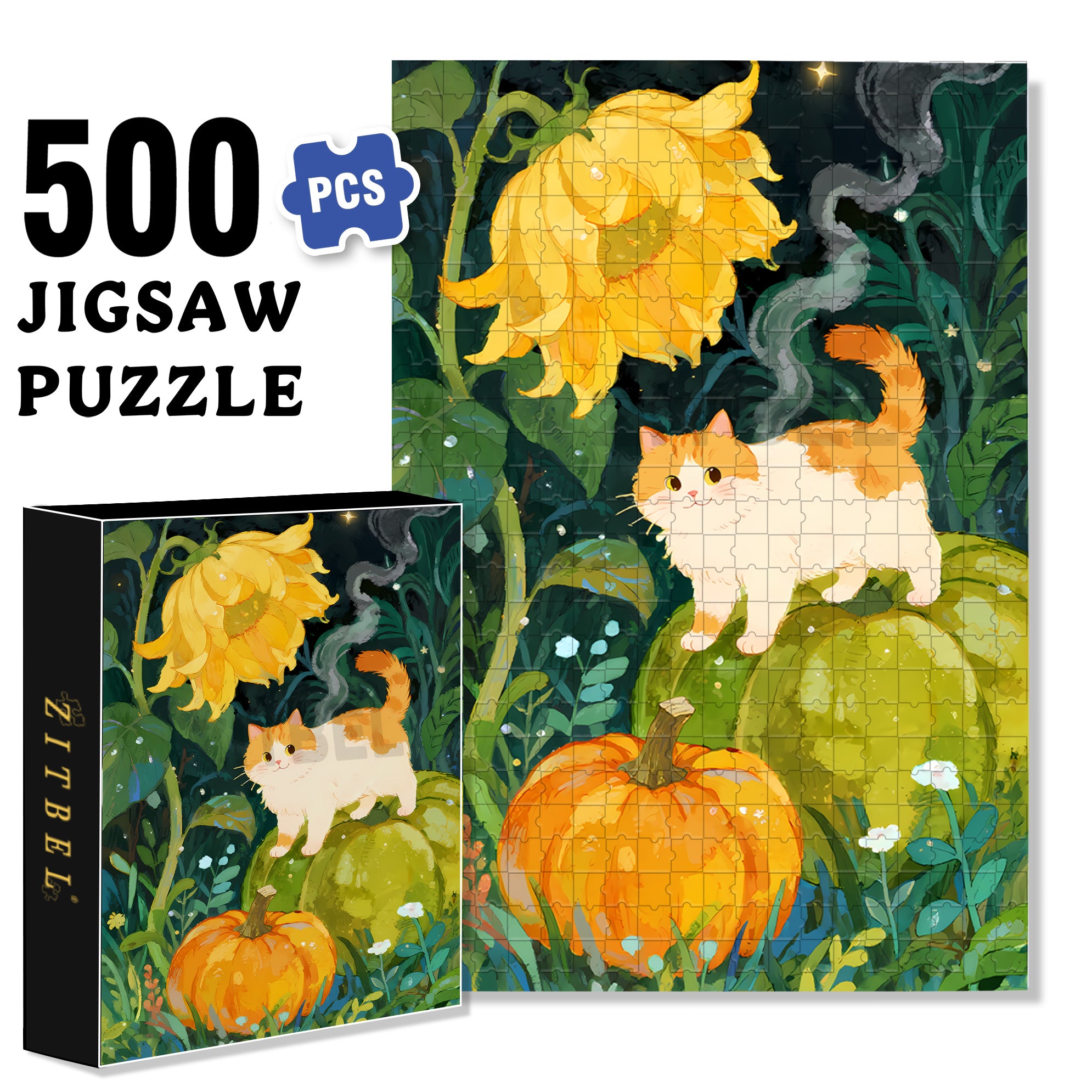 Sunflower & Cat 500pcs/1000pcs Jigsaw Puzzle, Scratch-Resistant, Paper Material, Interactive Family Game & Brain-Boosting DIY Decor, Perfect for Halloween, Christmas & New Year Gifts, Family Puzzle Game