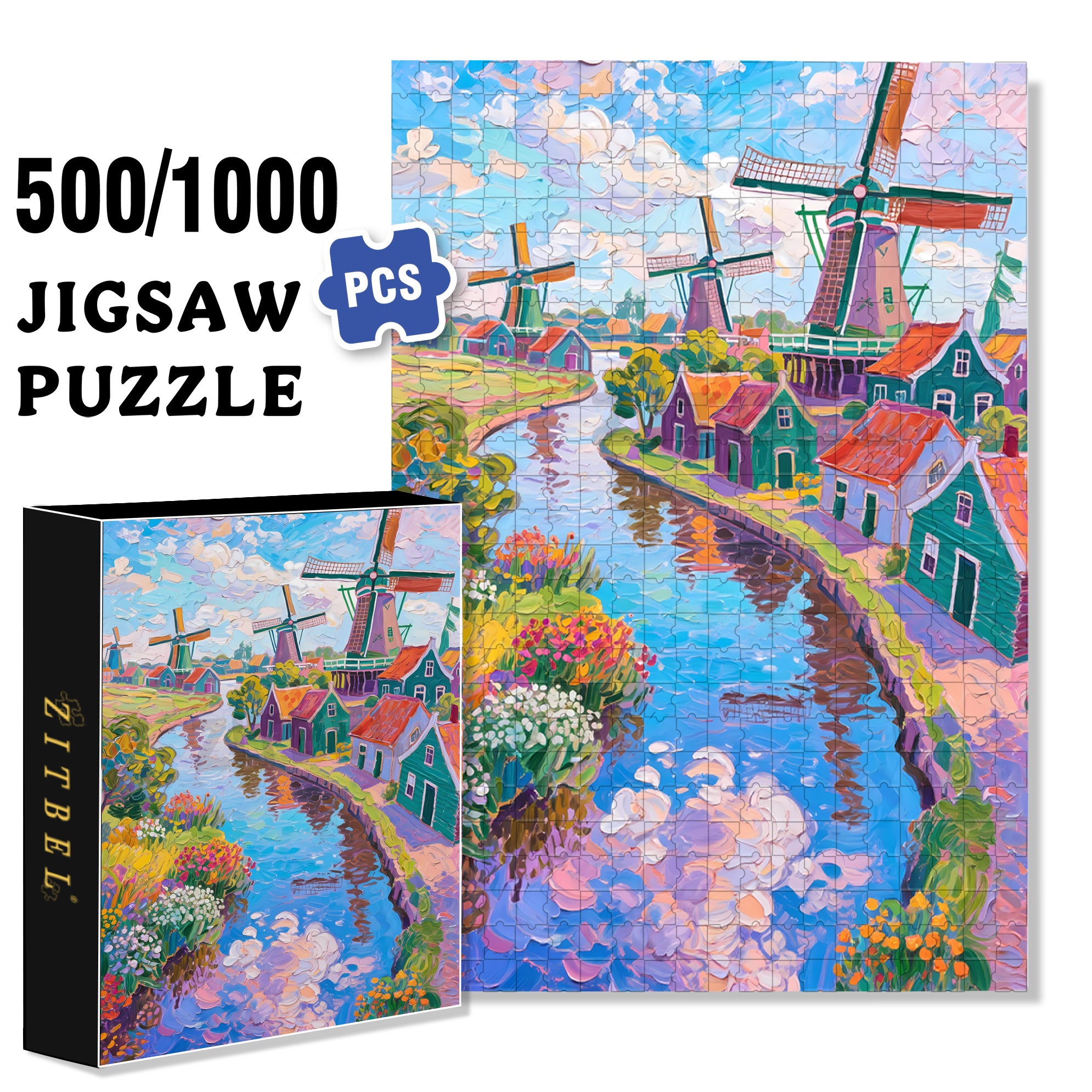 Windmill 500pcs/1000pcs Jigsaw Puzzle, Scratch-Resistant, Paper Material, Interactive Family Game & Brain-Boosting DIY Decor, Perfect for Halloween, Christmas & New Year Gifts, Family Puzzle Game