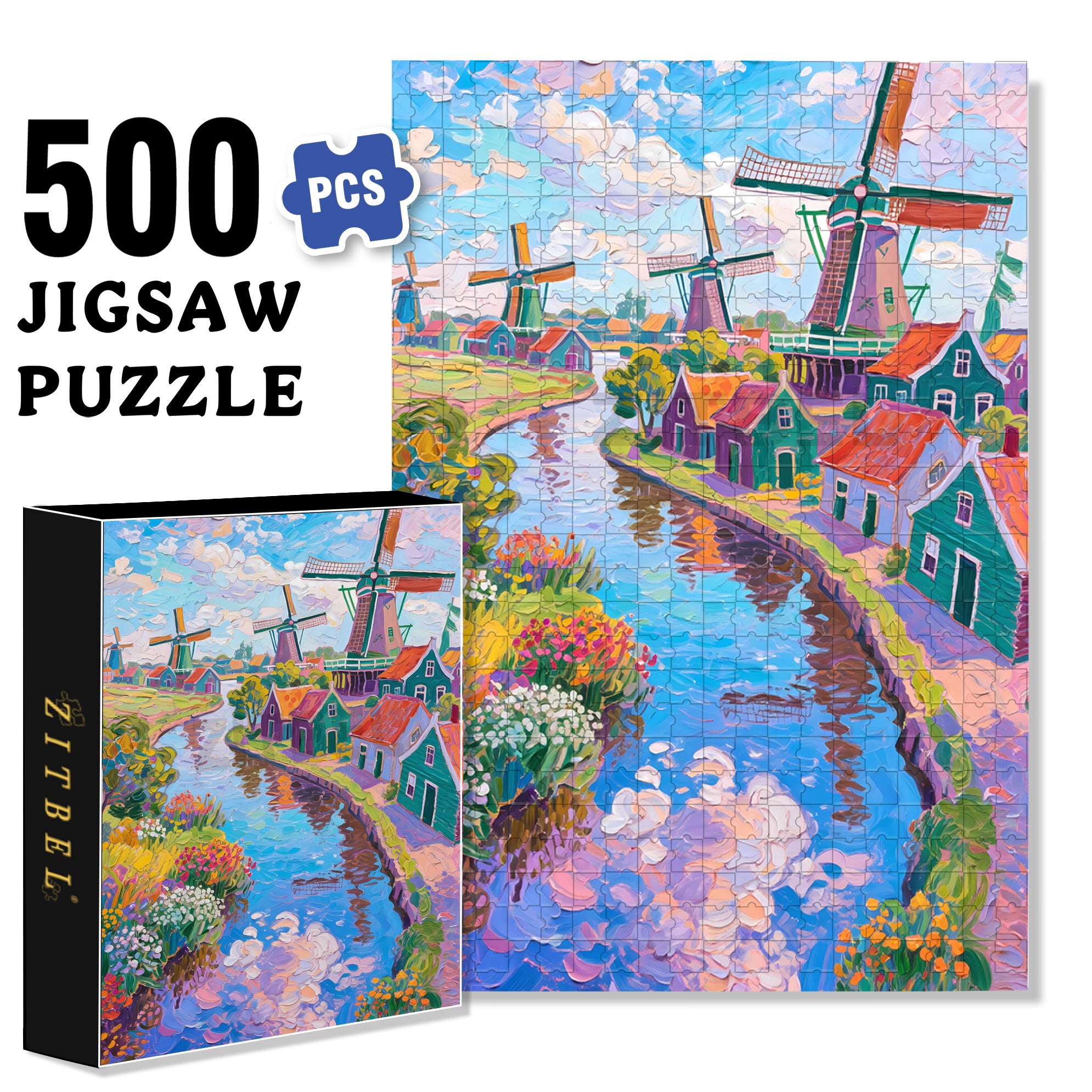 Windmill 500pcs/1000pcs Jigsaw Puzzle, Scratch-Resistant, Paper Material, Interactive Family Game & Brain-Boosting DIY Decor, Perfect for Halloween, Christmas & New Year Gifts, Family Puzzle Game