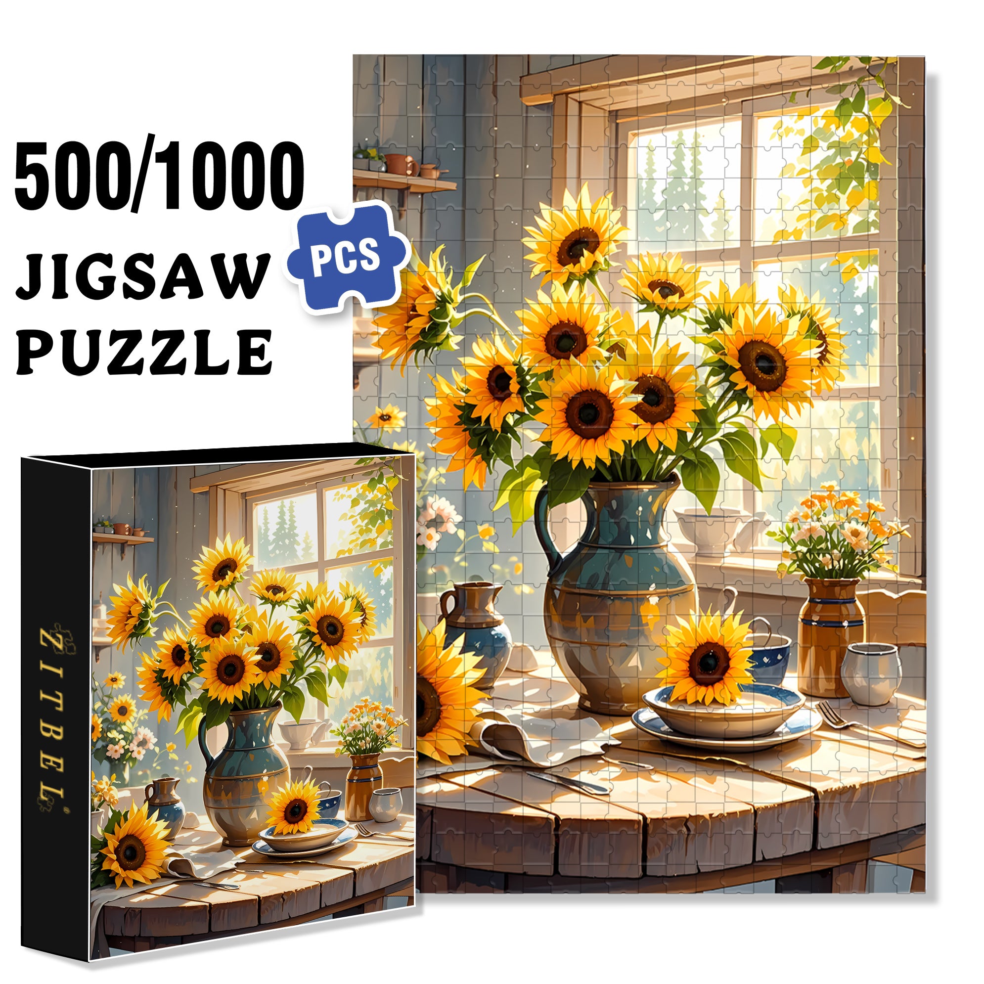 A Bouquet Of Sunflowers2 500pcs/1000pcs Jigsaw Puzzle, Scratch-Resistant, Interactive Family Game & Brain-Boosting DIY Decor, Perfect for Halloween, Christmas & New Year Gifts, Family Puzzle Game