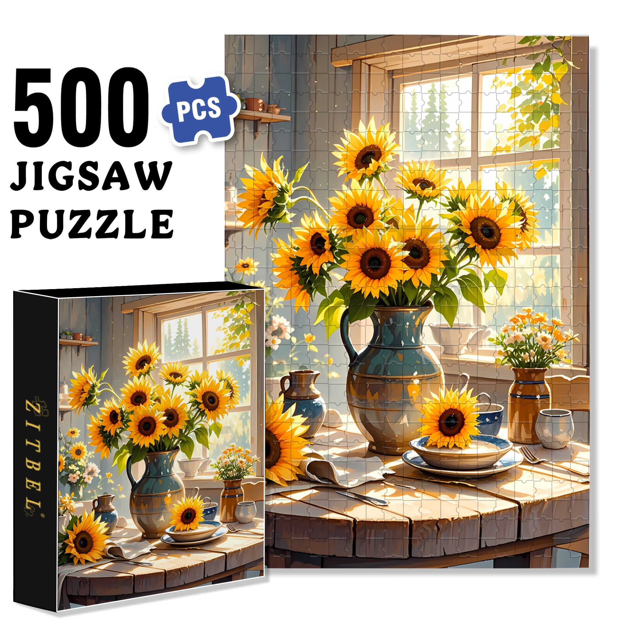 A Bouquet Of Sunflowers2 500pcs/1000pcs Jigsaw Puzzle, Scratch-Resistant, Interactive Family Game & Brain-Boosting DIY Decor, Perfect for Halloween, Christmas & New Year Gifts, Family Puzzle Game