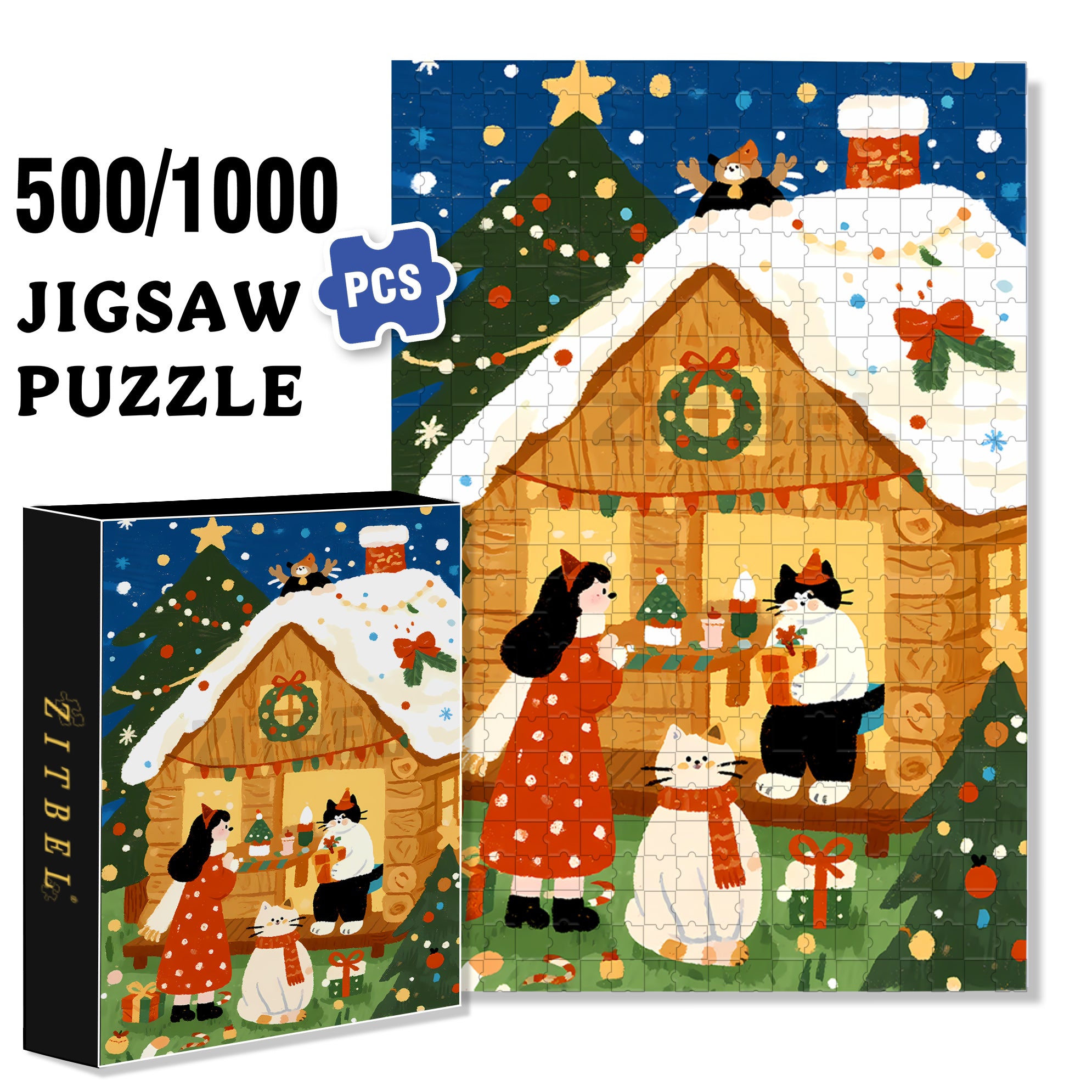 Christmas Cabin 500pcs/1000pcs Jigsaw Puzzle, Scratch-Resistant, Interactive Family Game & Brain-Boosting DIY Decor, Perfect for Halloween, Christmas & New Year Gifts, Family Puzzle Game