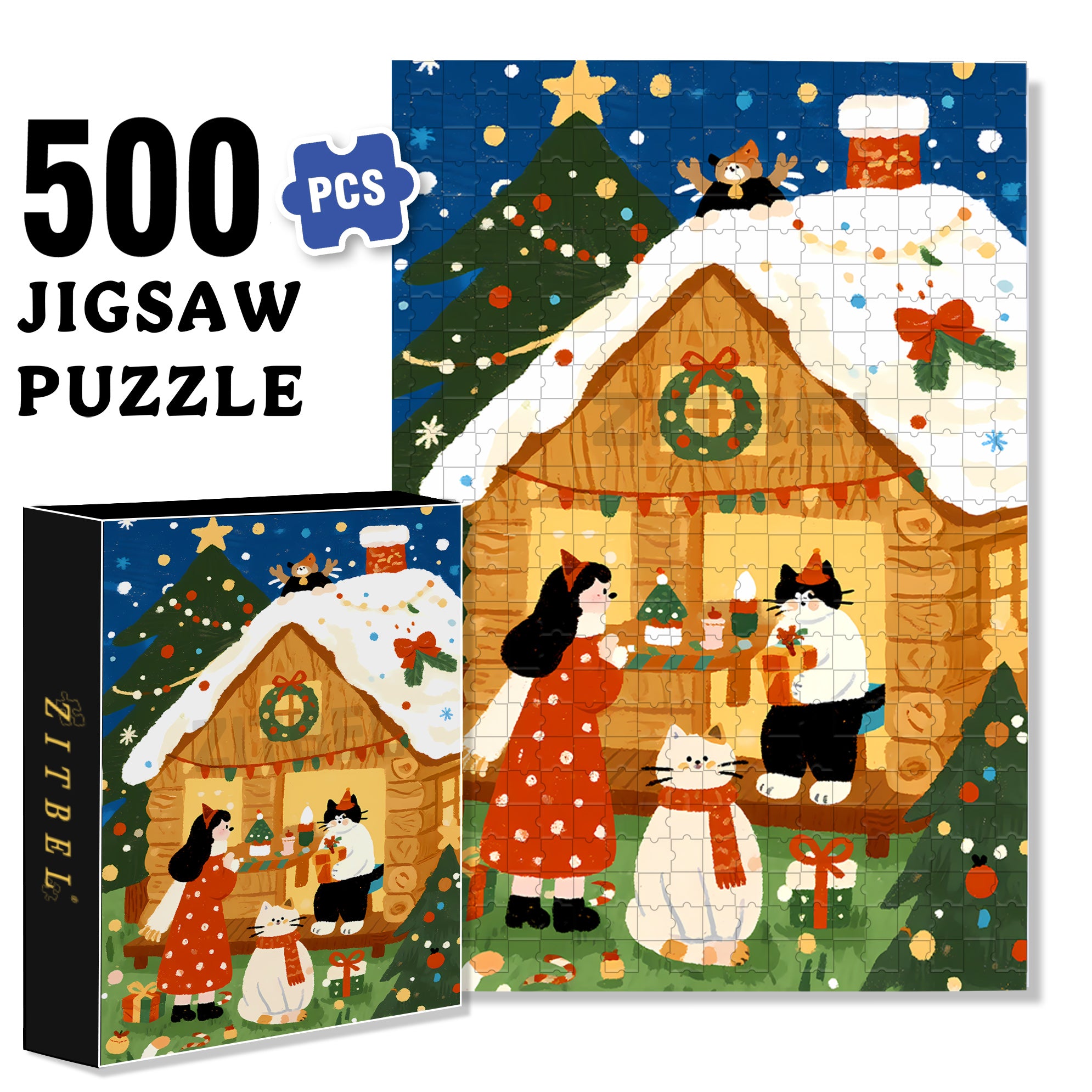 Christmas Cabin 500pcs/1000pcs Jigsaw Puzzle, Scratch-Resistant, Interactive Family Game & Brain-Boosting DIY Decor, Perfect for Halloween, Christmas & New Year Gifts, Family Puzzle Game