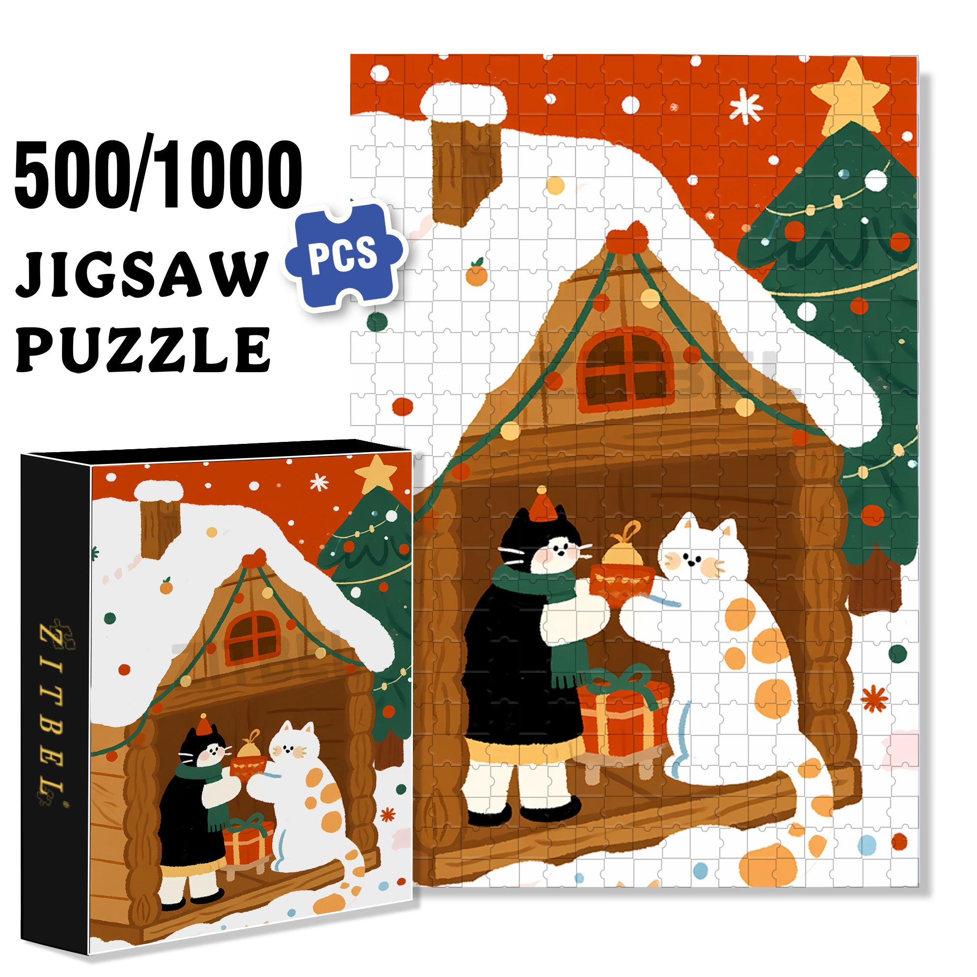 Christmas Cabin3 500pcs/1000pcs Jigsaw Puzzle, Scratch-Resistant, Interactive Family Game & Brain-Boosting DIY Decor, Perfect for Halloween, Christmas & New Year Gifts, Family Puzzle Game