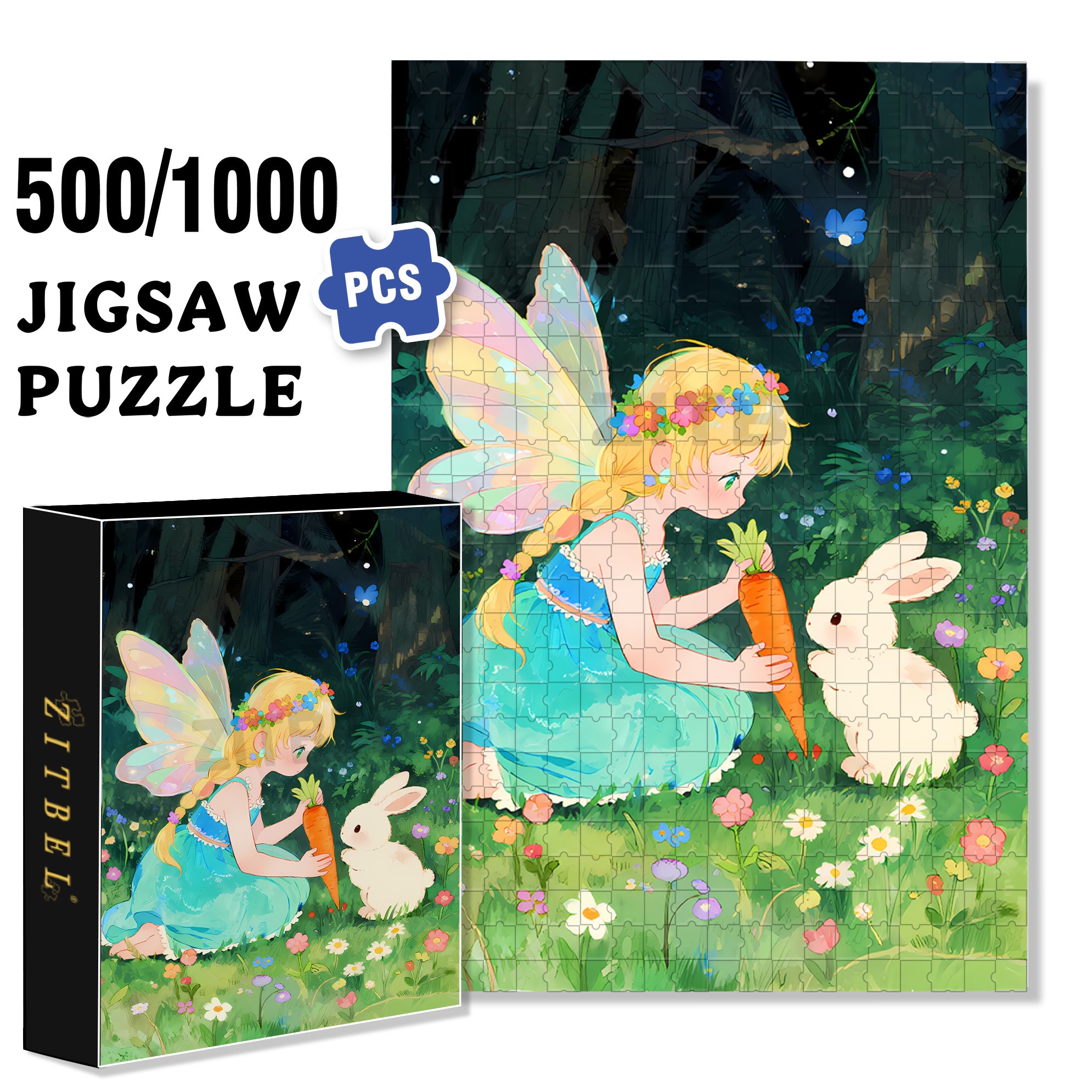 Fairy & Rabbit 500pcs/1000pcs Jigsaw Puzzle, Scratch-Resistant, Interactive Family Game & Brain-Boosting DIY Decor, Perfect for Halloween, Christmas & New Year Gifts, Family Puzzle Game