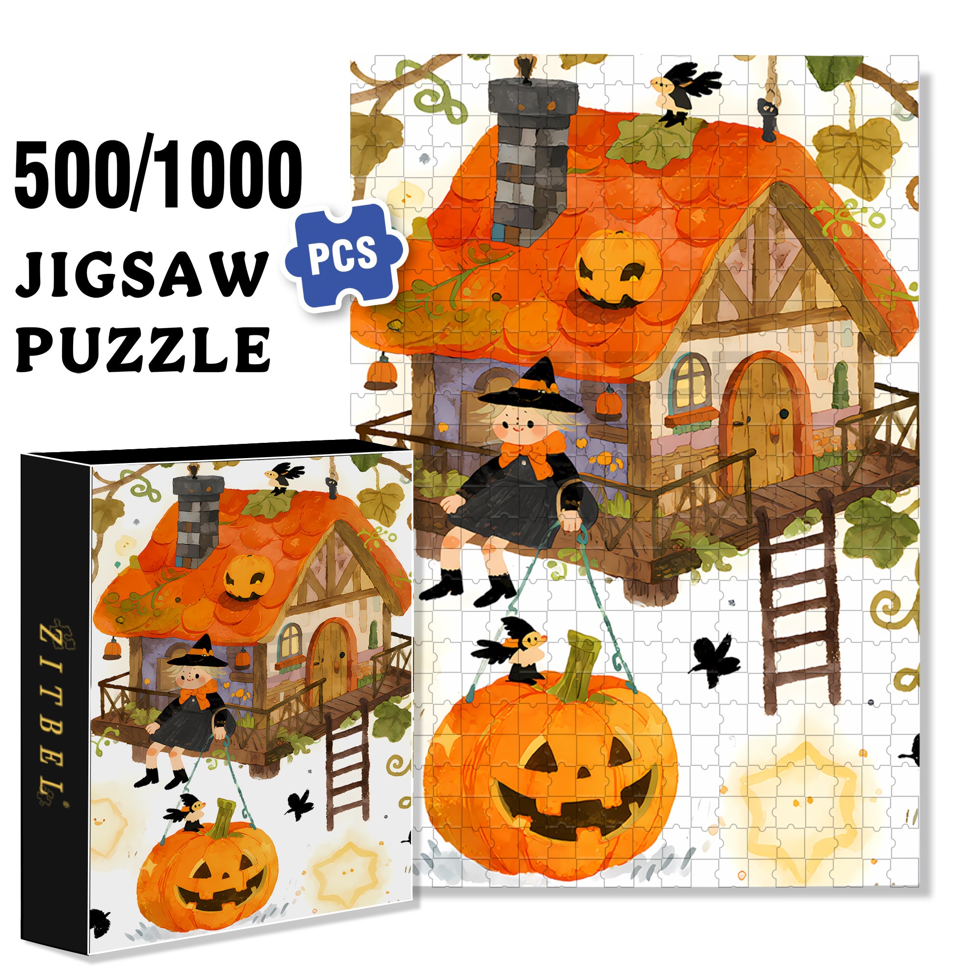 Fairy Tale Pumpkin House 500pcs/1000pcs Jigsaw Puzzle, Scratch-Resistant, Interactive Family Game & Brain-Boosting DIY Decor, Perfect for Halloween, Christmas & New Year Gifts, Family Puzzle Game