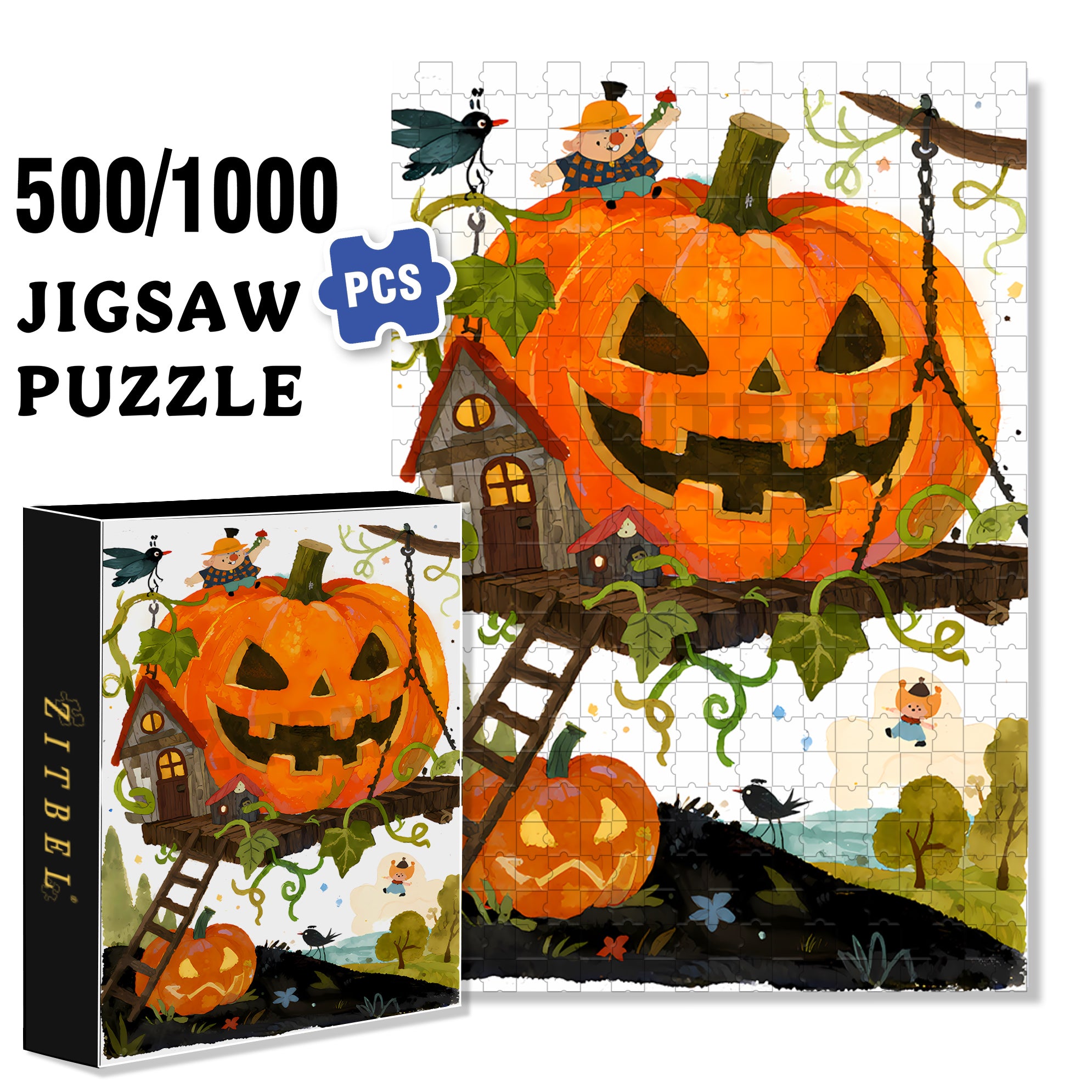 Fairy Tale Pumpkin House2 500pcs/1000pcs Jigsaw Puzzle, Scratch-Resistant, Interactive Family Game & Brain-Boosting DIY Decor, Perfect for Halloween, Christmas & New Year Gifts, Family Puzzle Game