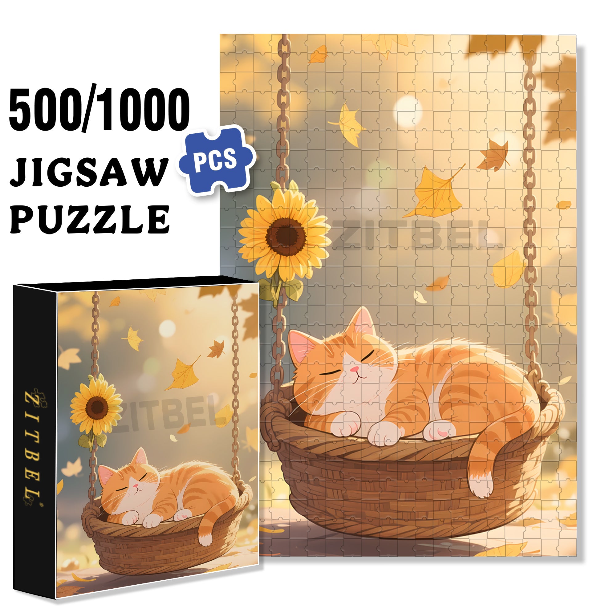 Orange Cat On The Swing 500pcs/1000pcs Jigsaw Puzzle, Scratch-Resistant, Interactive Family Game & Brain-Boosting DIY Decor, Perfect for Halloween, Christmas & New Year Gifts, Family Puzzle Game