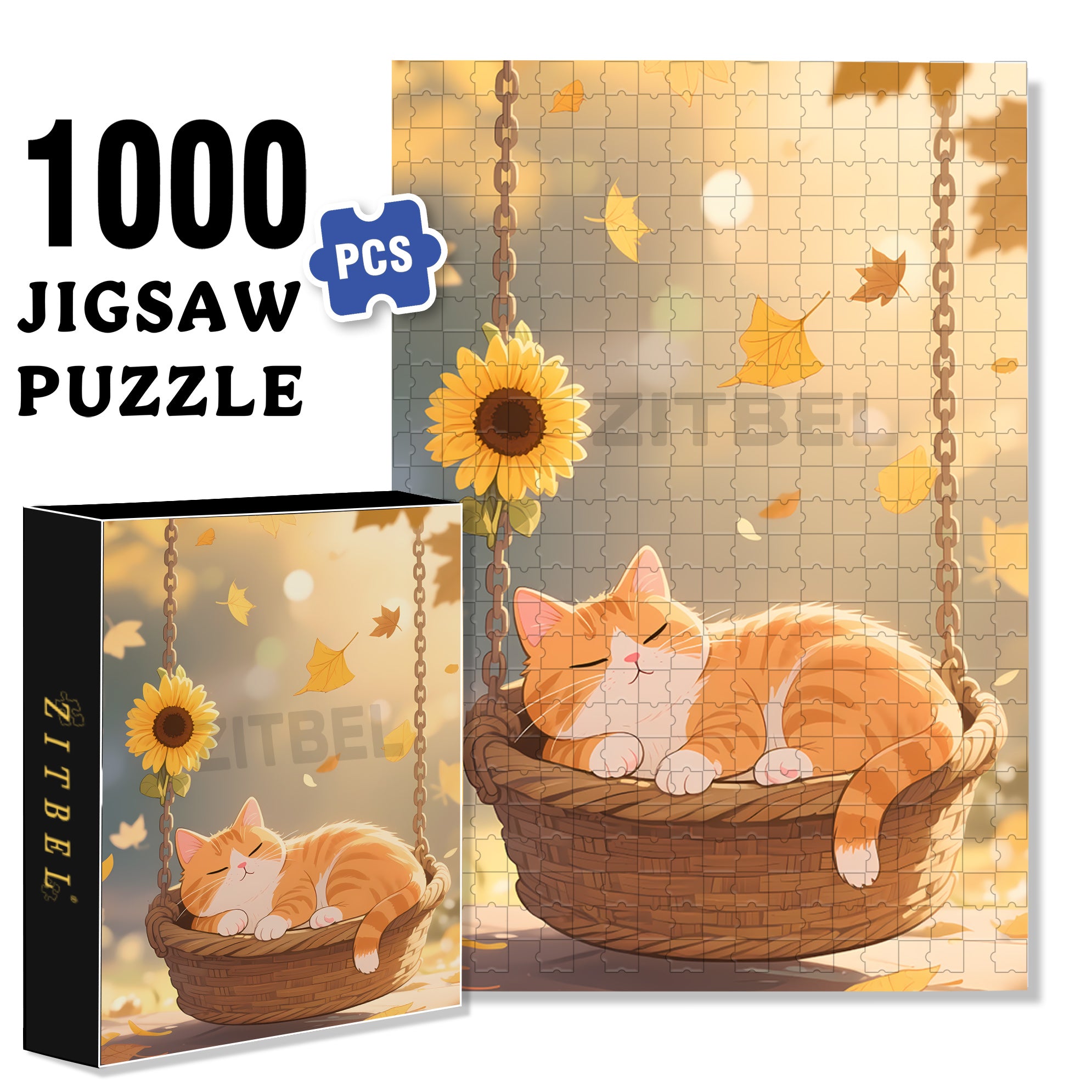 Orange Cat On The Swing 500pcs/1000pcs Jigsaw Puzzle, Scratch-Resistant, Interactive Family Game & Brain-Boosting DIY Decor, Perfect for Halloween, Christmas & New Year Gifts, Family Puzzle Game