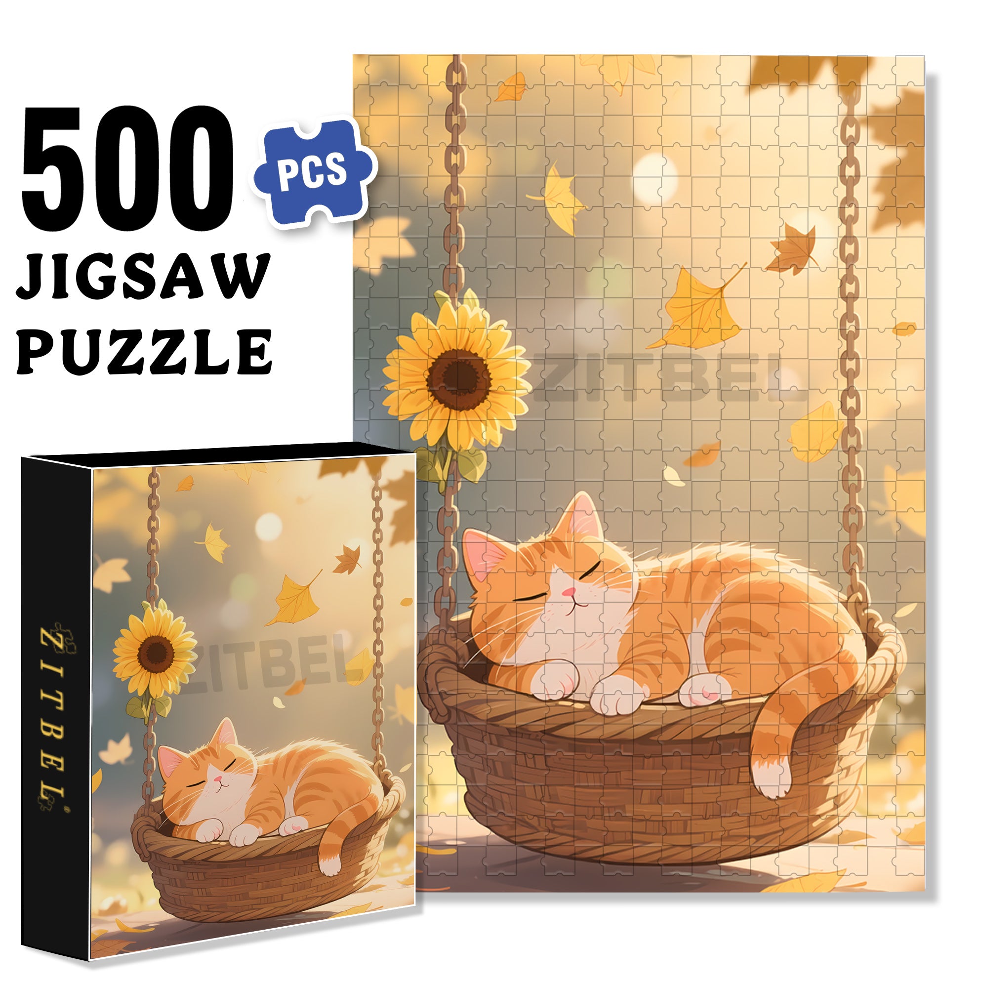 Orange Cat On The Swing 500pcs/1000pcs Jigsaw Puzzle, Scratch-Resistant, Interactive Family Game & Brain-Boosting DIY Decor, Perfect for Halloween, Christmas & New Year Gifts, Family Puzzle Game
