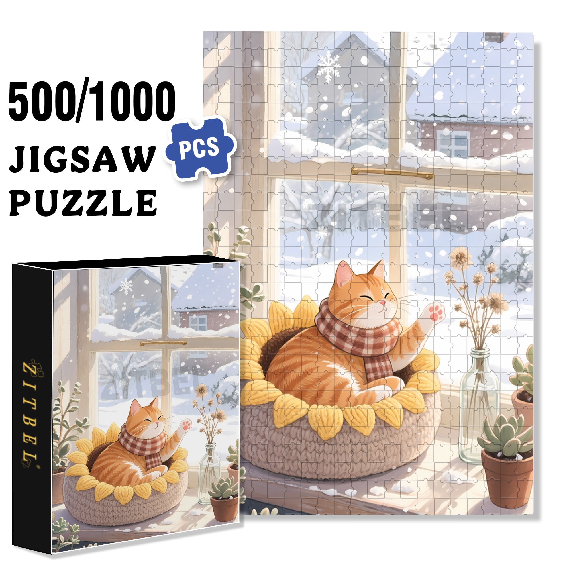 Orange Cat 500pcs/1000pcs Jigsaw Puzzle, Scratch-Resistant, Interactive Family Game & Brain-Boosting DIY Decor, Perfect for Halloween, Christmas & New Year Gifts, Family Puzzle Game