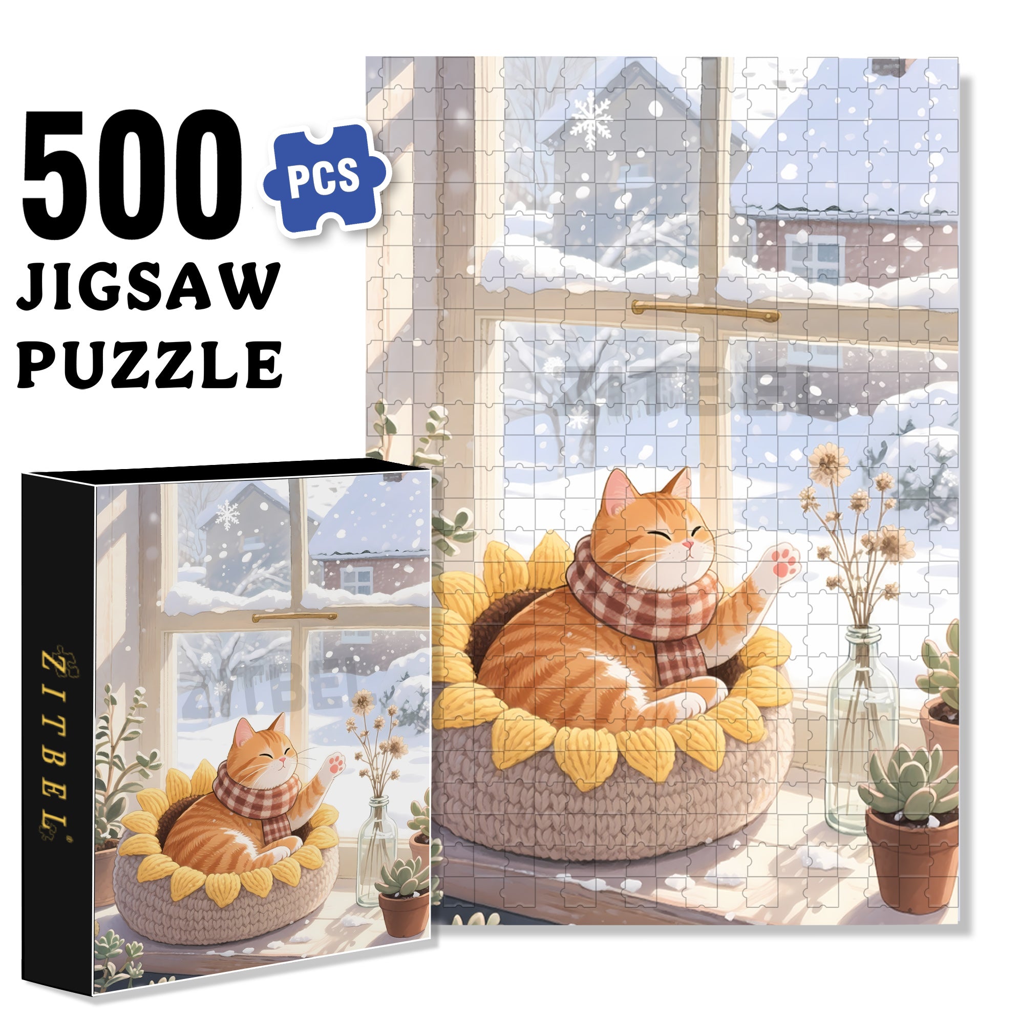 Orange Cat 500pcs/1000pcs Jigsaw Puzzle, Scratch-Resistant, Interactive Family Game & Brain-Boosting DIY Decor, Perfect for Halloween, Christmas & New Year Gifts, Family Puzzle Game