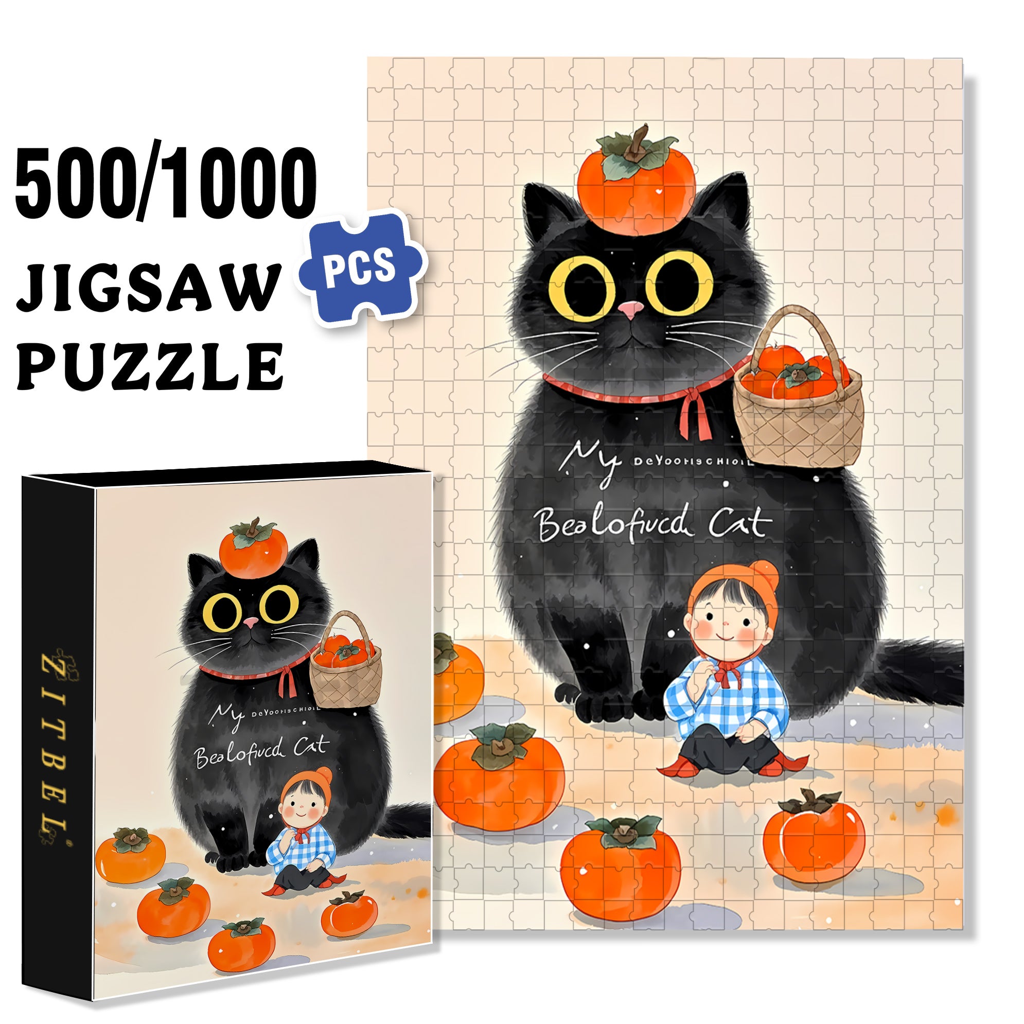 Persimmon Cat 500pcs/1000pcs Jigsaw Puzzle, Scratch-Resistant, Interactive Family Game & Brain-Boosting DIY Decor, Perfect for Halloween, Christmas & New Year Gifts, Family Puzzle Game
