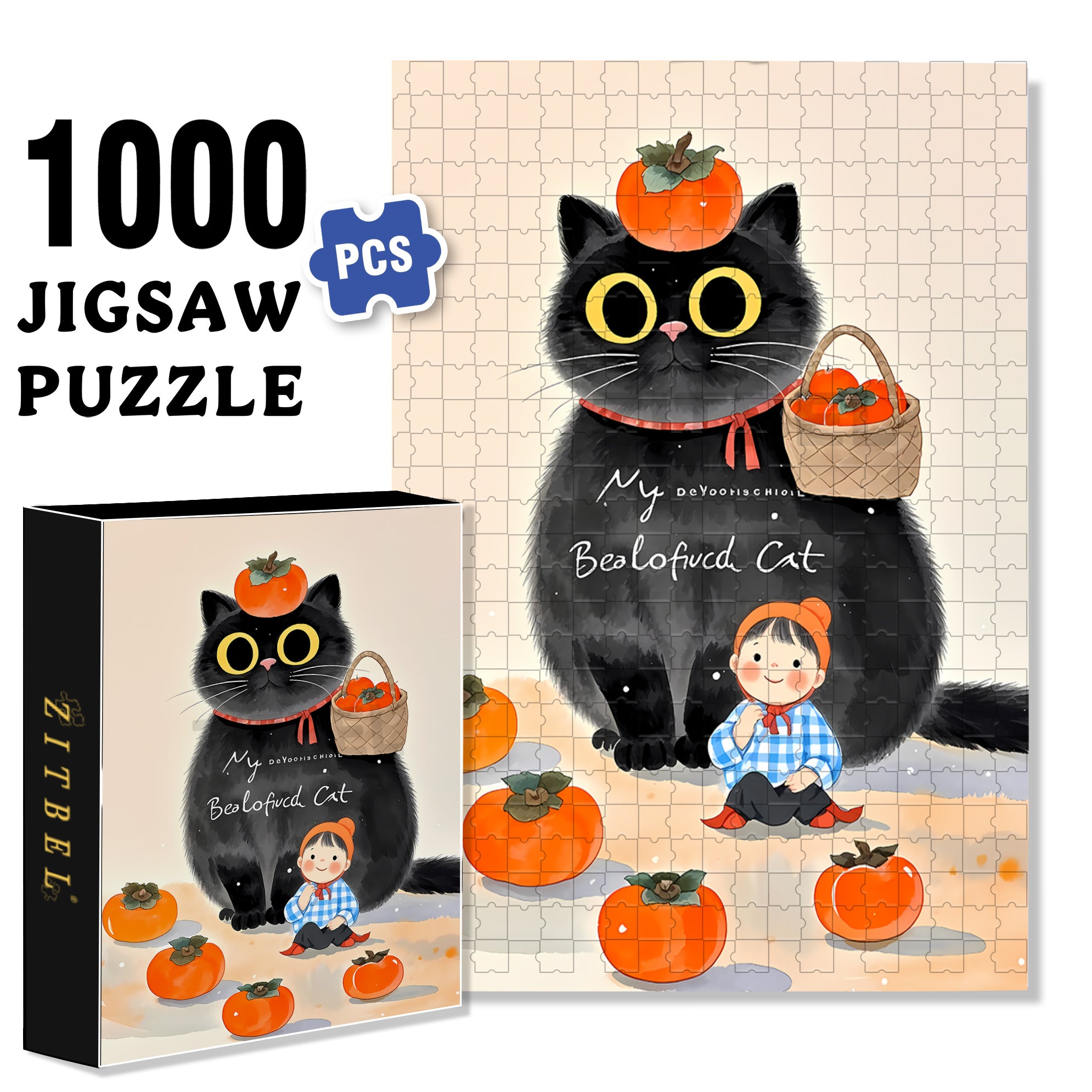 Persimmon Cat 500pcs/1000pcs Jigsaw Puzzle, Scratch-Resistant, Interactive Family Game & Brain-Boosting DIY Decor, Perfect for Halloween, Christmas & New Year Gifts, Family Puzzle Game