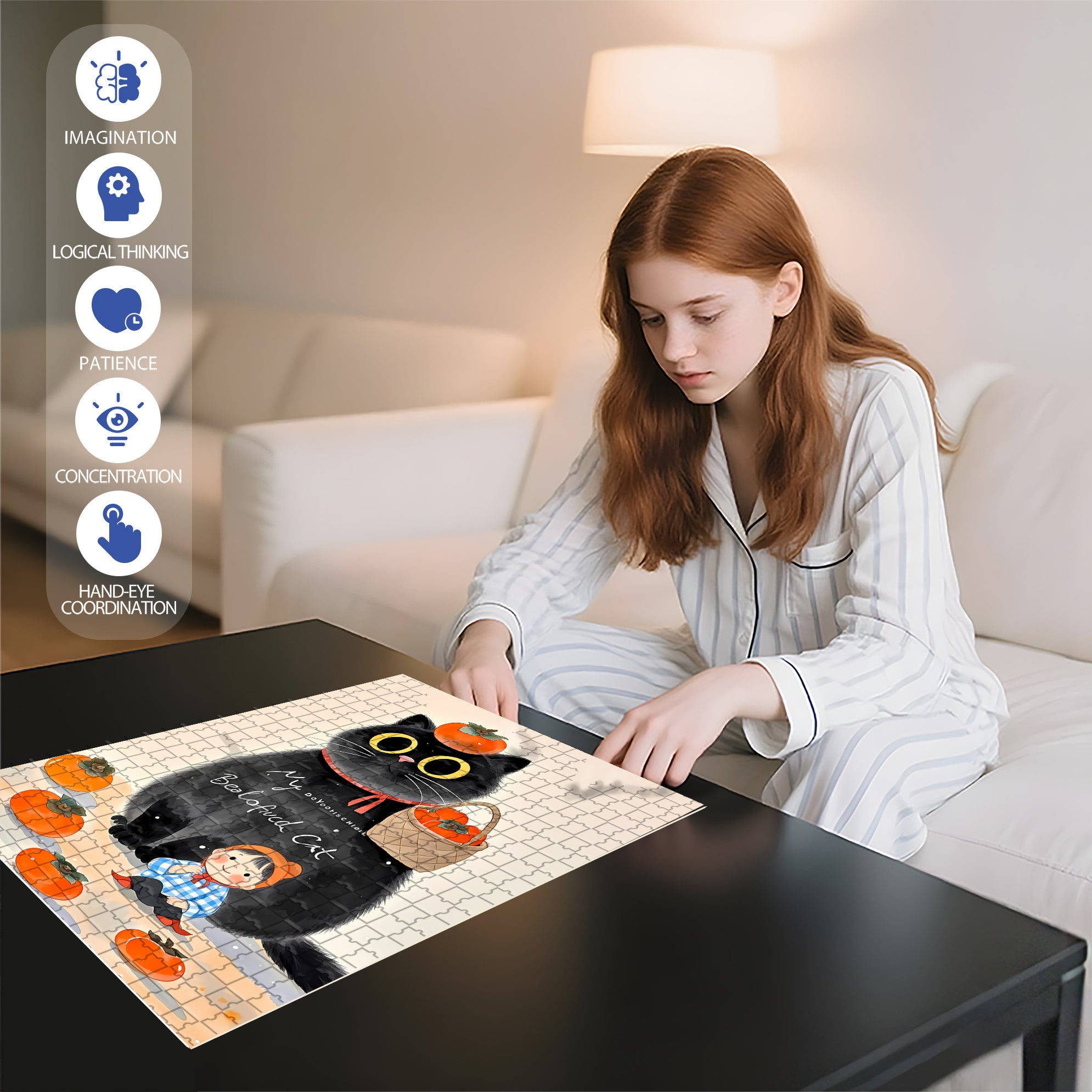 Persimmon Cat 500pcs/1000pcs Jigsaw Puzzle, Scratch-Resistant, Interactive Family Game & Brain-Boosting DIY Decor, Perfect for Halloween, Christmas & New Year Gifts, Family Puzzle Game