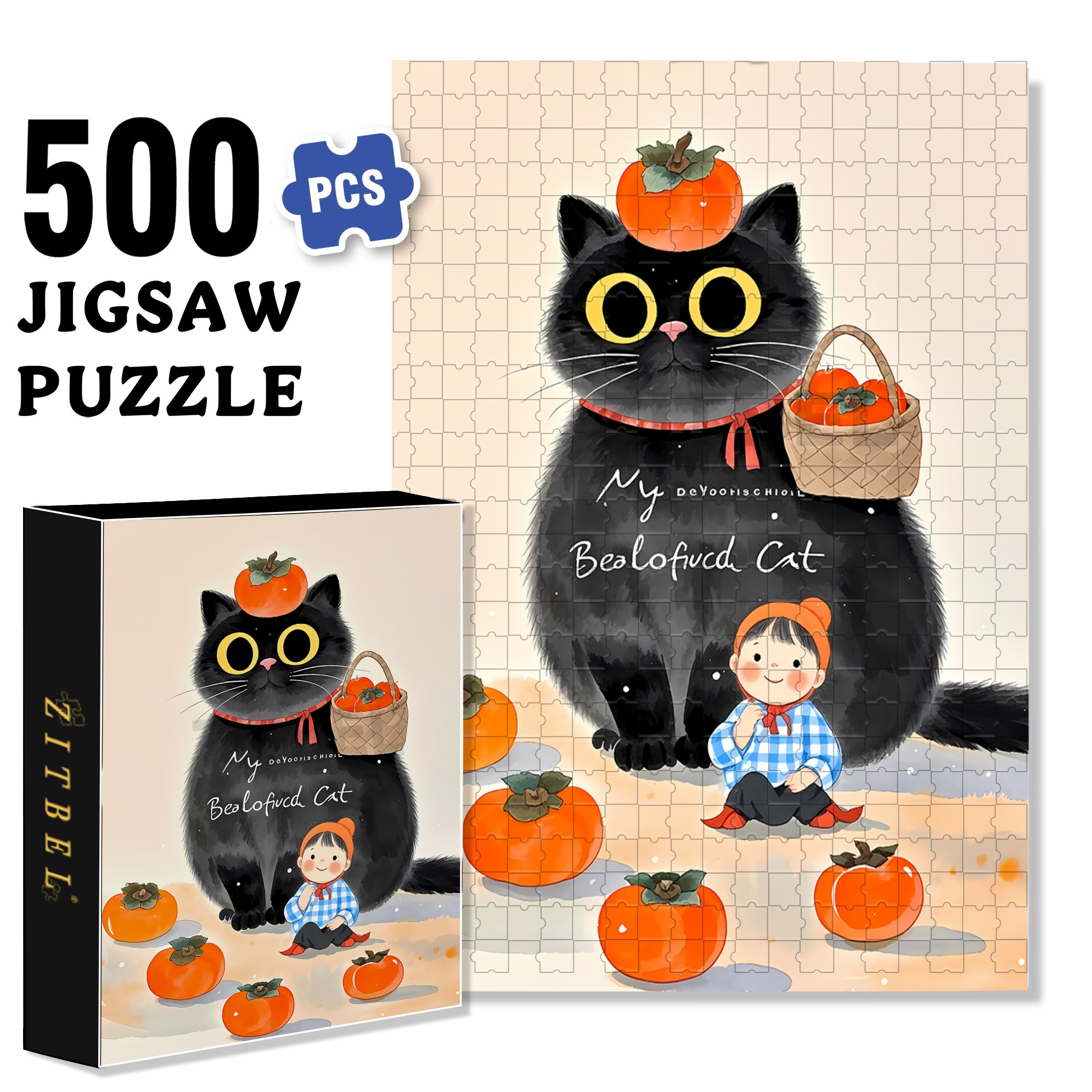 Persimmon Cat 500pcs/1000pcs Jigsaw Puzzle, Scratch-Resistant, Interactive Family Game & Brain-Boosting DIY Decor, Perfect for Halloween, Christmas & New Year Gifts, Family Puzzle Game