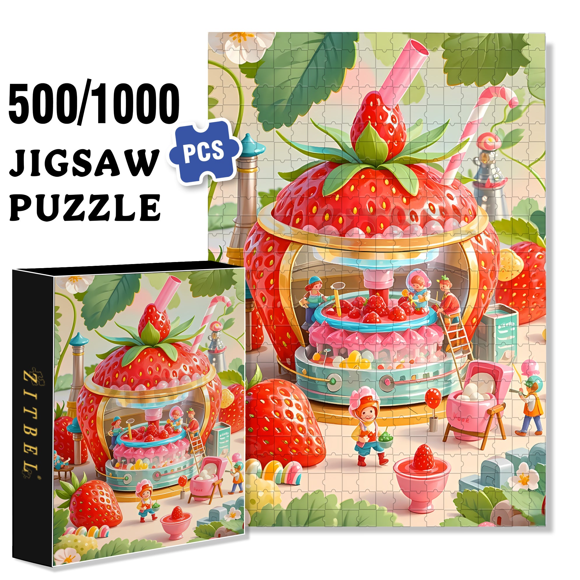 Strawberry Milk Tea Factory 500pcs/1000pcs Jigsaw Puzzle, Scratch-Resistant, Interactive Family Game & Brain-Boosting DIY Decor, Perfect for Halloween, Christmas & New Year Gifts, Family Puzzle Game