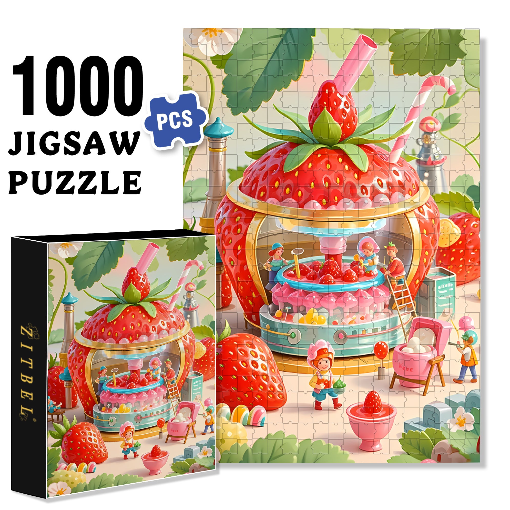 Strawberry Milk Tea Factory 500pcs/1000pcs Jigsaw Puzzle, Scratch-Resistant, Interactive Family Game & Brain-Boosting DIY Decor, Perfect for Halloween, Christmas & New Year Gifts, Family Puzzle Game