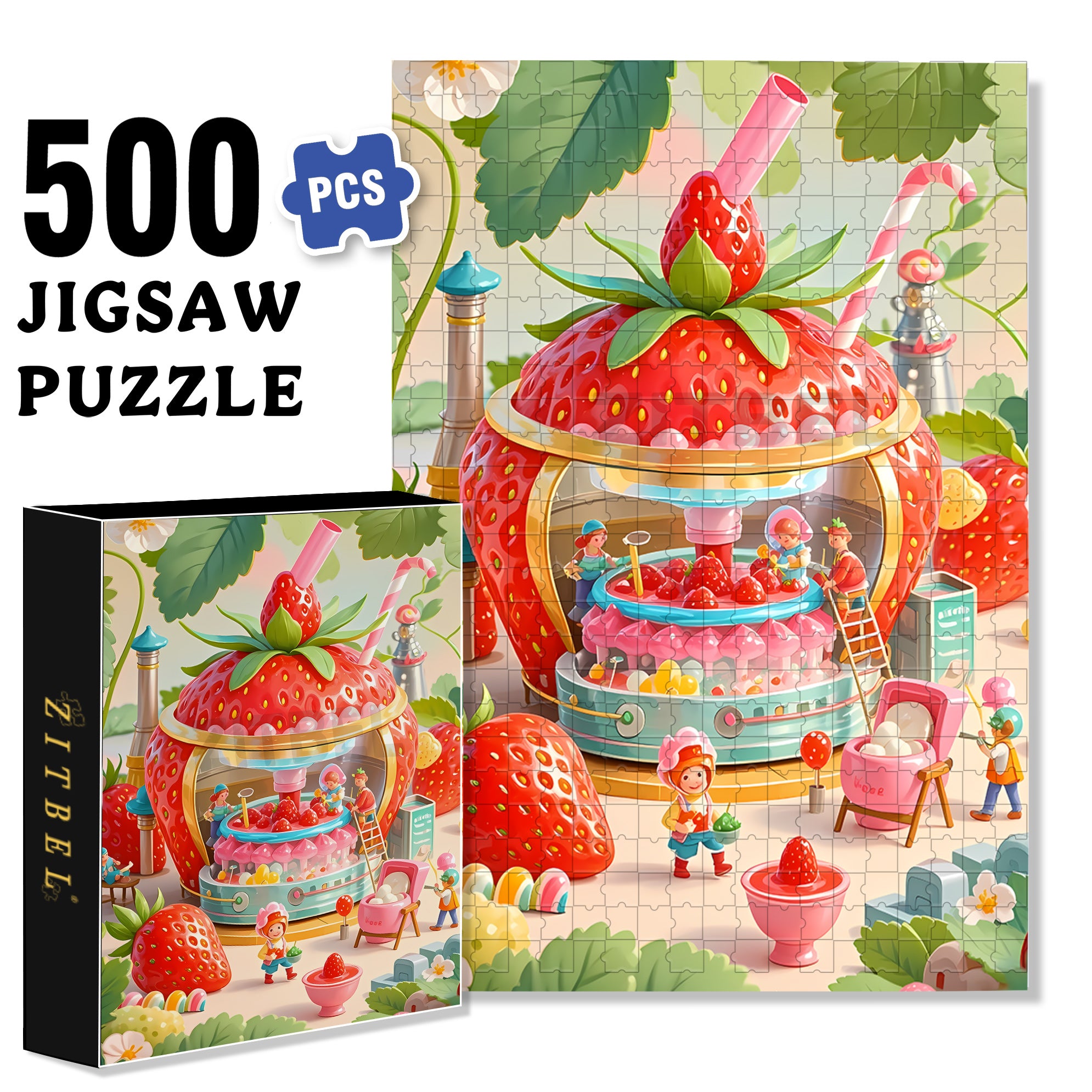 Strawberry Milk Tea Factory 500pcs/1000pcs Jigsaw Puzzle, Scratch-Resistant, Interactive Family Game & Brain-Boosting DIY Decor, Perfect for Halloween, Christmas & New Year Gifts, Family Puzzle Game