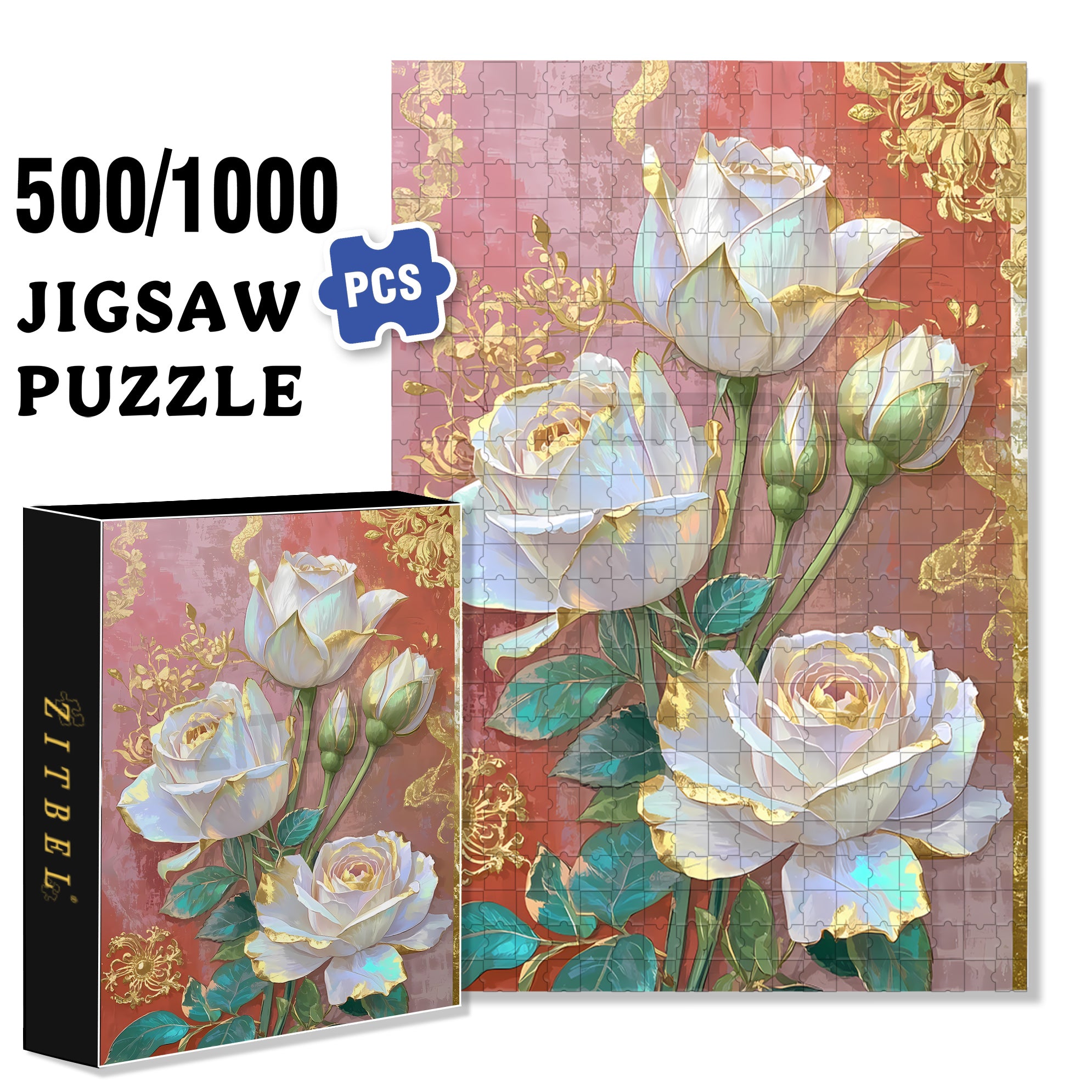White Rose 500pcs/1000pcs Jigsaw Puzzle, Scratch-Resistant, Interactive Family Game & Brain-Boosting DIY Decor, Perfect for Halloween, Christmas & New Year Gifts, Family Puzzle Game