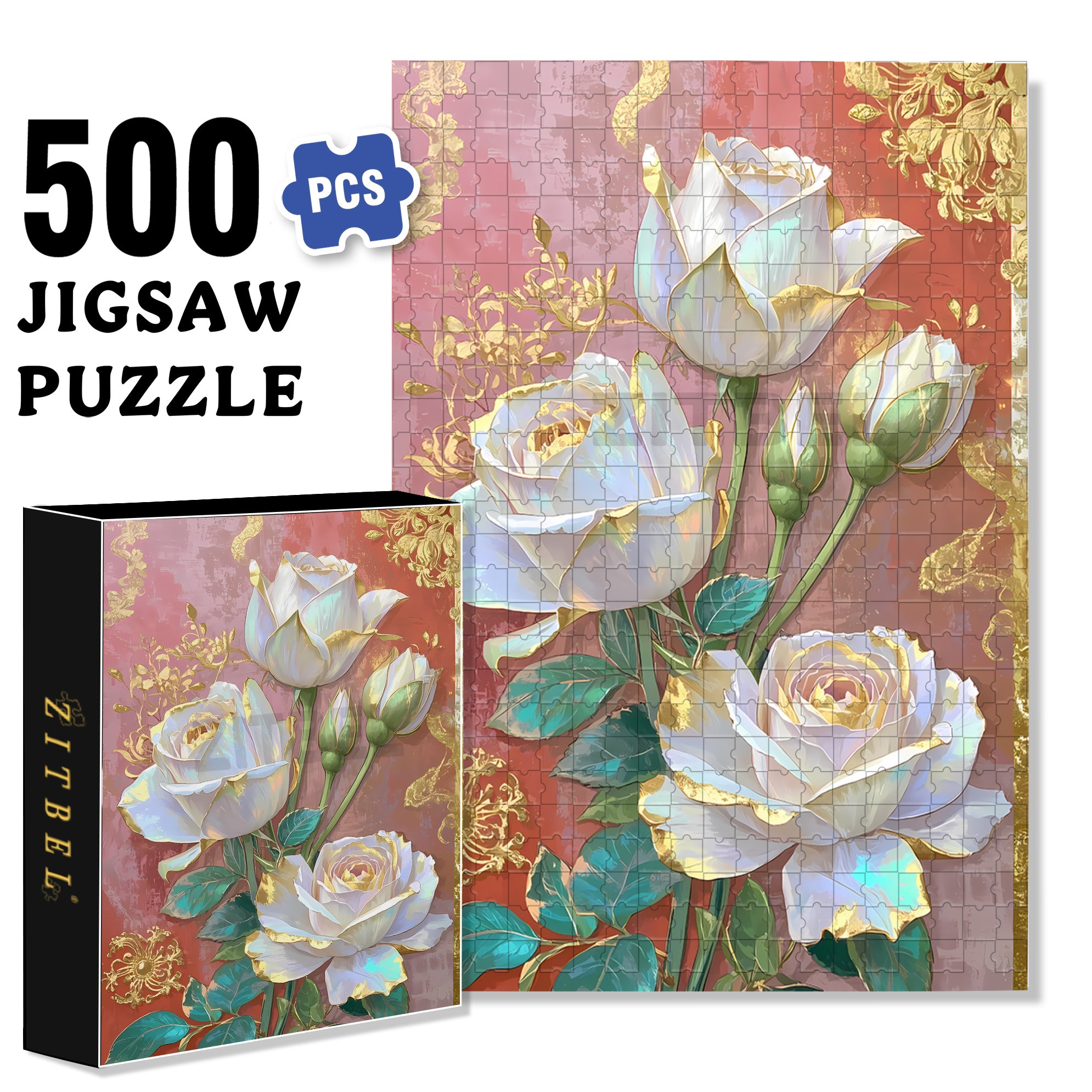 White Rose 500pcs/1000pcs Jigsaw Puzzle, Scratch-Resistant, Interactive Family Game & Brain-Boosting DIY Decor, Perfect for Halloween, Christmas & New Year Gifts, Family Puzzle Game