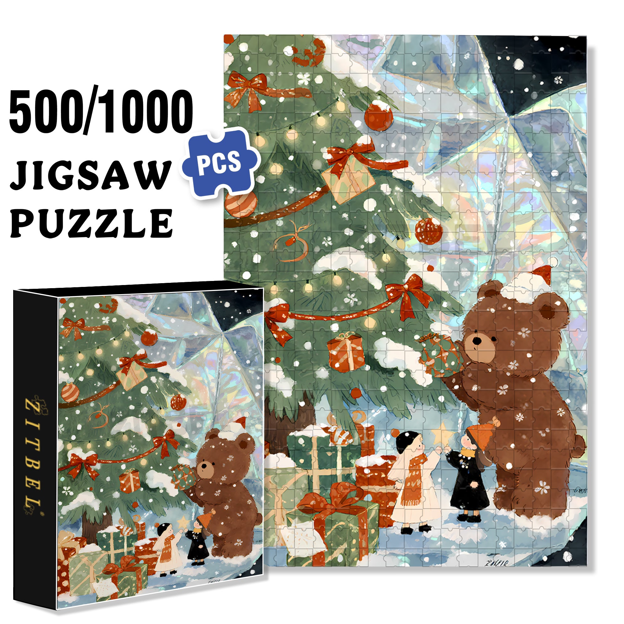 Brown Bear Christmas 500pcs/1000pcs Jigsaw Puzzle, Scratch-Resistant, Interactive Family Game & Brain-Boosting DIY Decor, Perfect for Halloween, Christmas & New Year Gifts, Family Puzzle Game