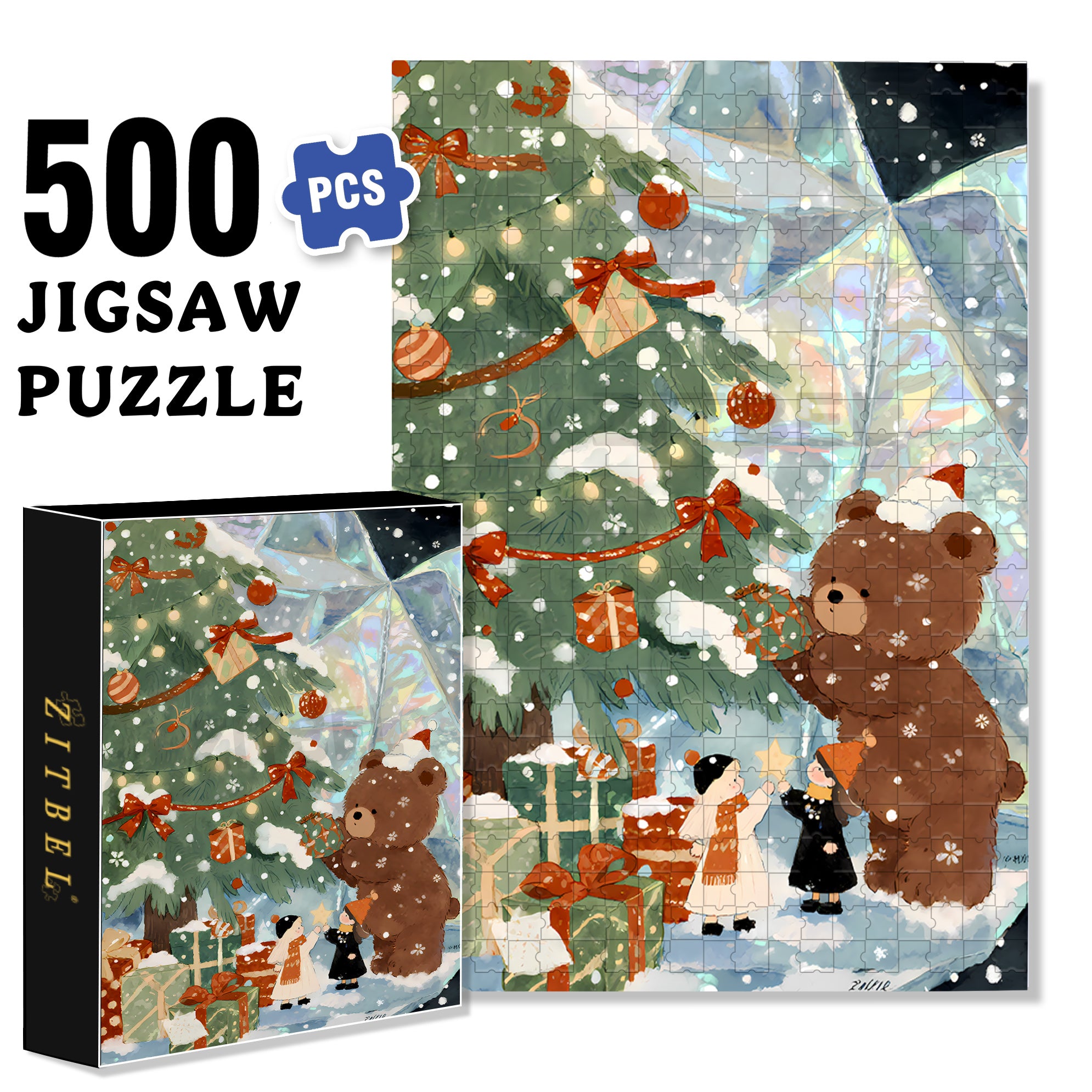 Brown Bear Christmas 500pcs/1000pcs Jigsaw Puzzle, Scratch-Resistant, Interactive Family Game & Brain-Boosting DIY Decor, Perfect for Halloween, Christmas & New Year Gifts, Family Puzzle Game