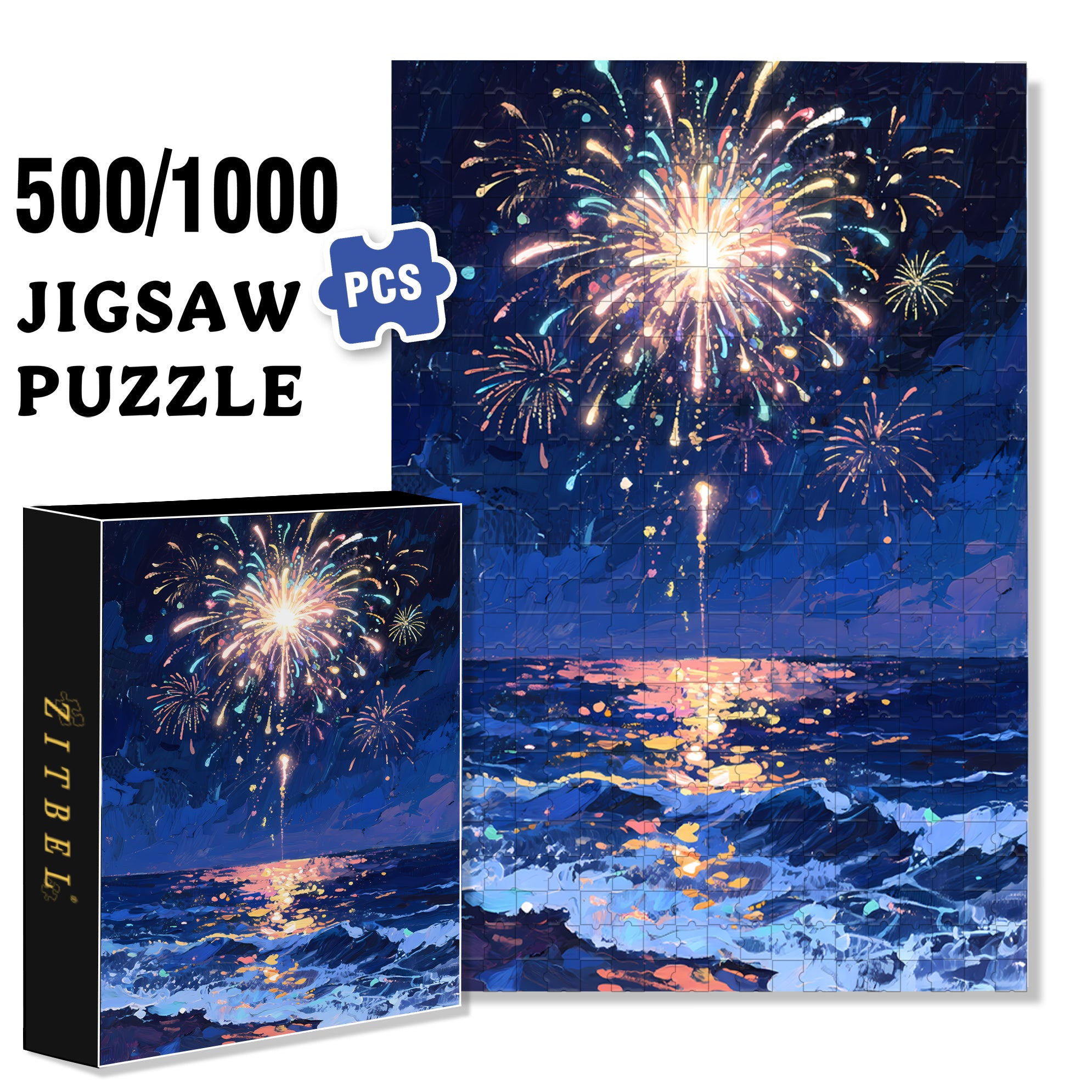 Fireworks At Sea 500pcs/1000pcs Jigsaw Puzzle, Scratch-Resistant, Interactive Family Game & Brain-Boosting DIY Decor, Perfect for Halloween, Christmas & New Year Gifts, Family Puzzle Game
