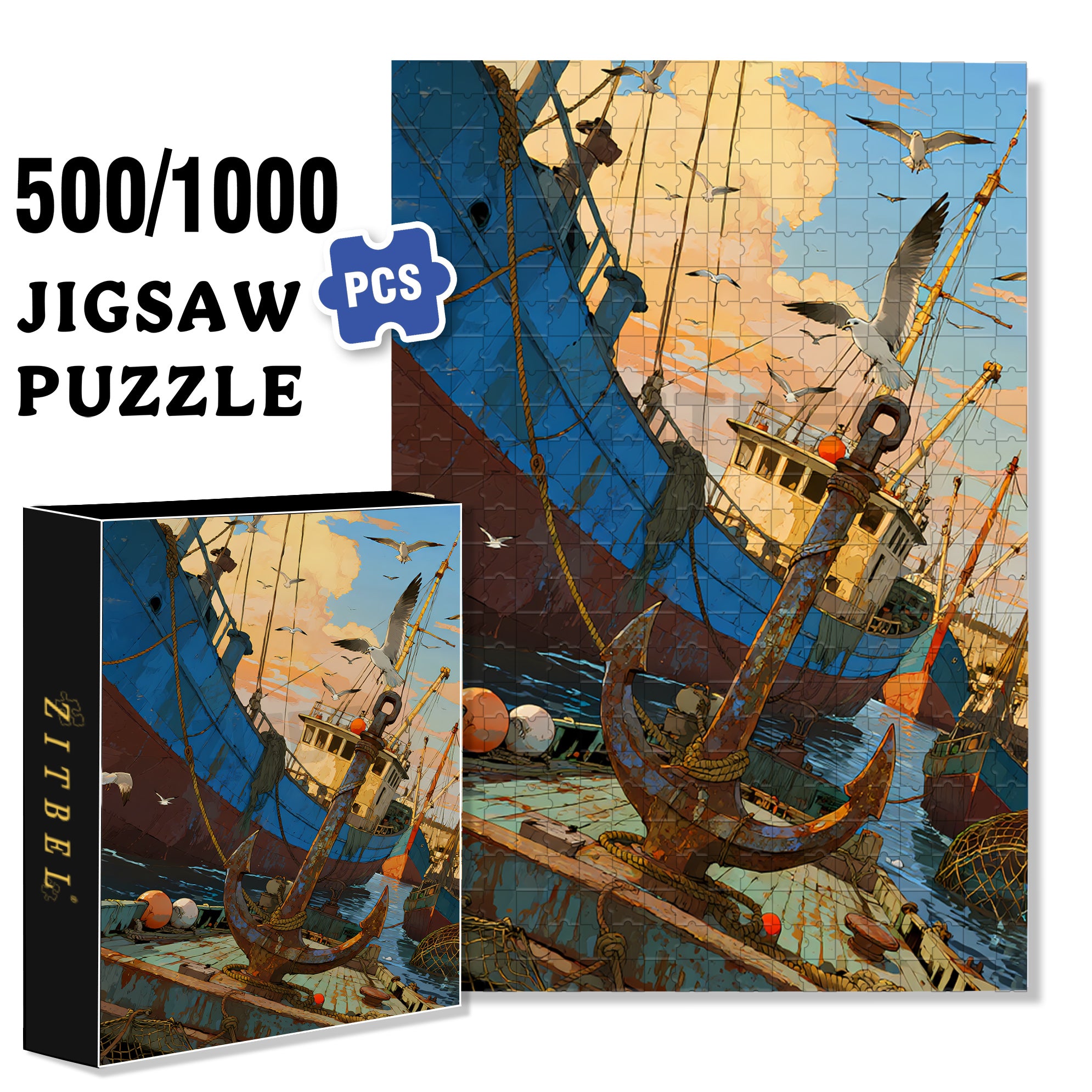 Fishing Port 500pcs/1000pcs Jigsaw Puzzle, Scratch-Resistant, Interactive Family Game & Brain-Boosting DIY Decor, Perfect for Halloween, Christmas & New Year Gifts, Family Puzzle Game